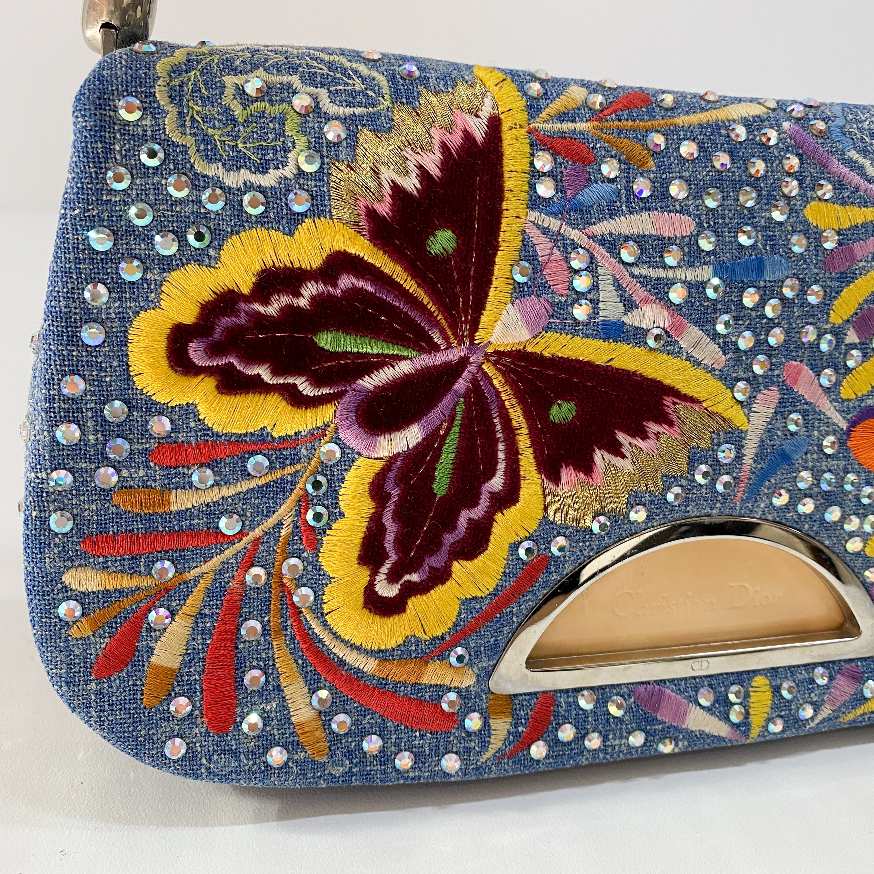 Malice Pearl Butterfly Denim and Rhinestones Bag