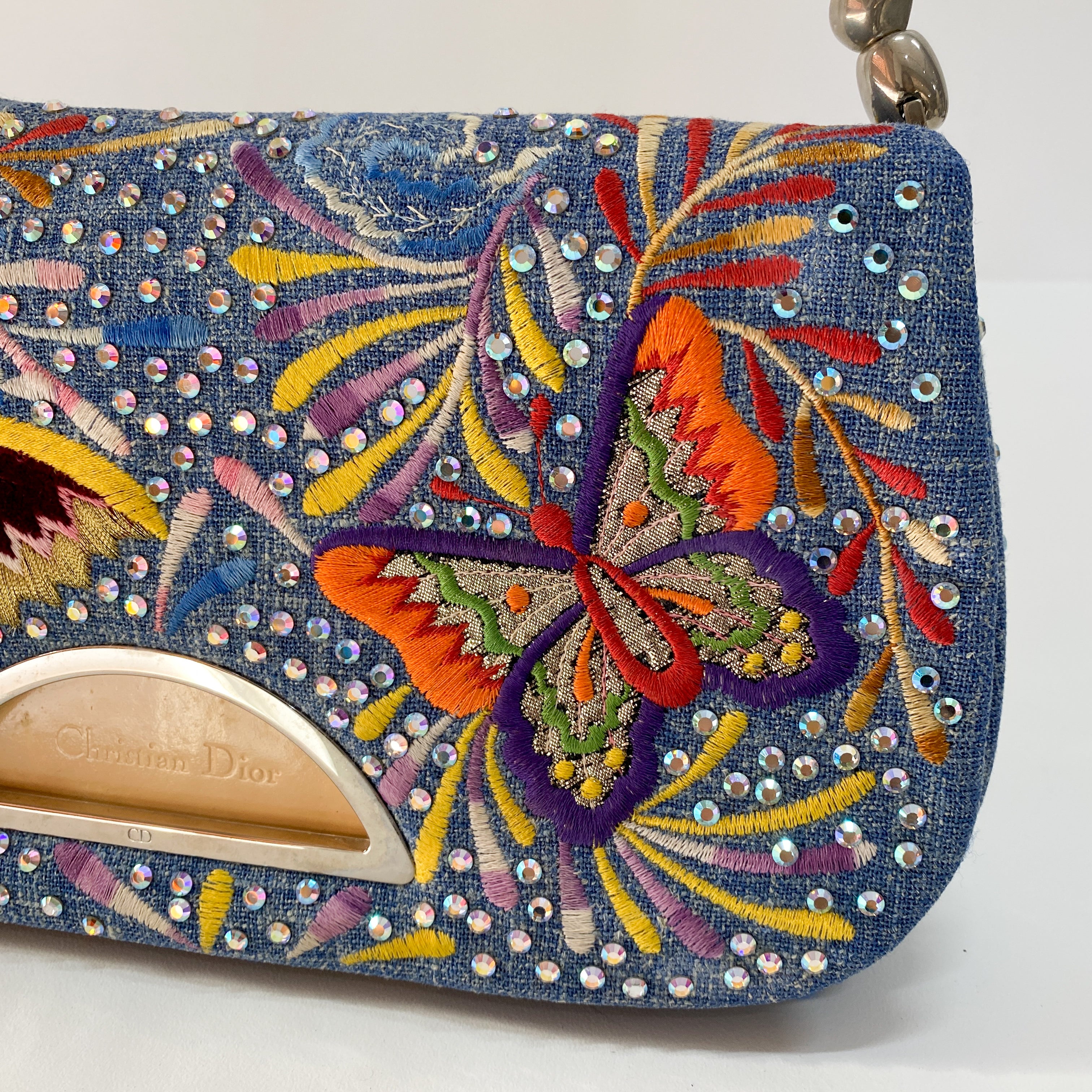 Malice Pearl Butterfly Denim and Rhinestones Bag