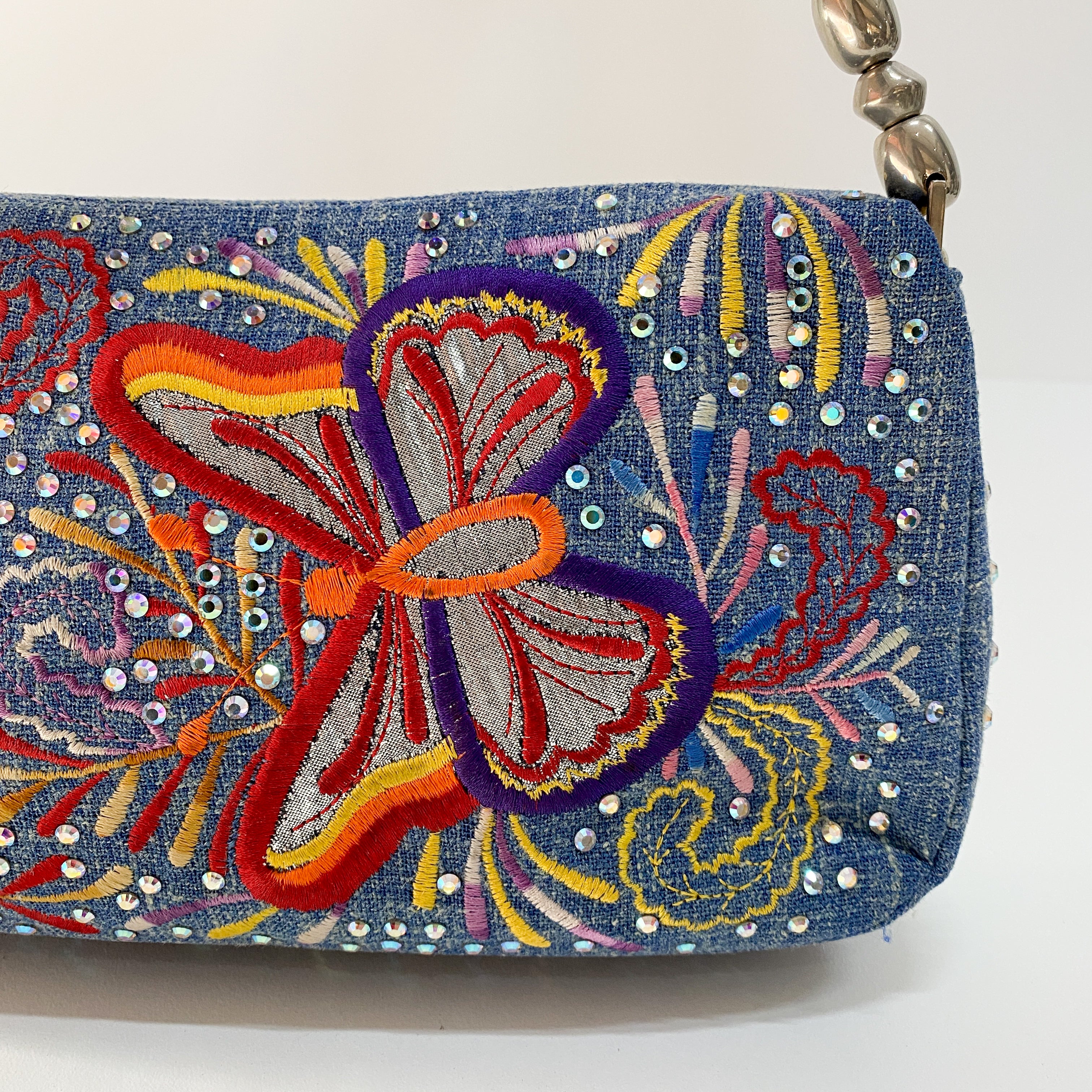 Malice Pearl Butterfly Denim and Rhinestones Bag