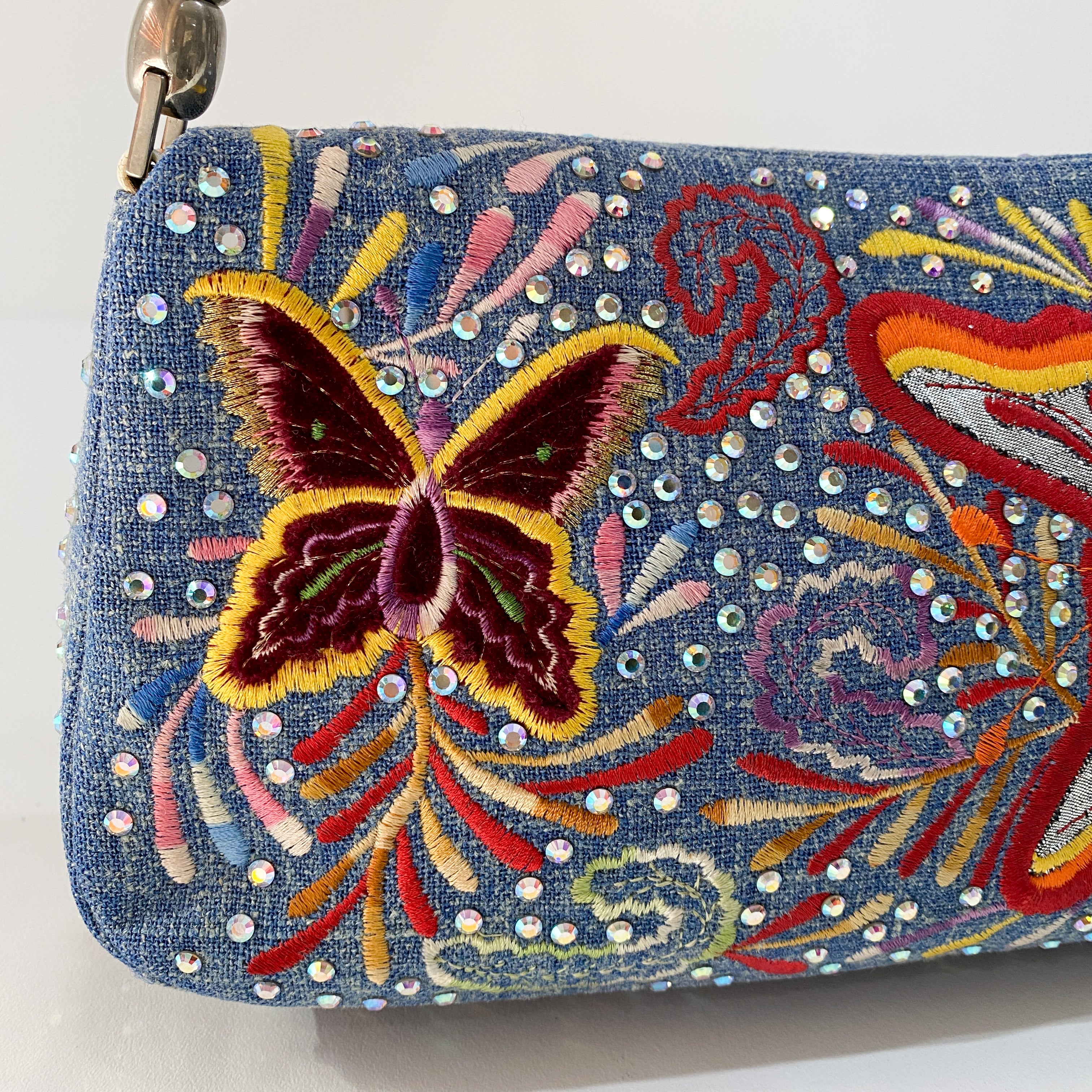 Malice Pearl Butterfly Denim and Rhinestones Bag