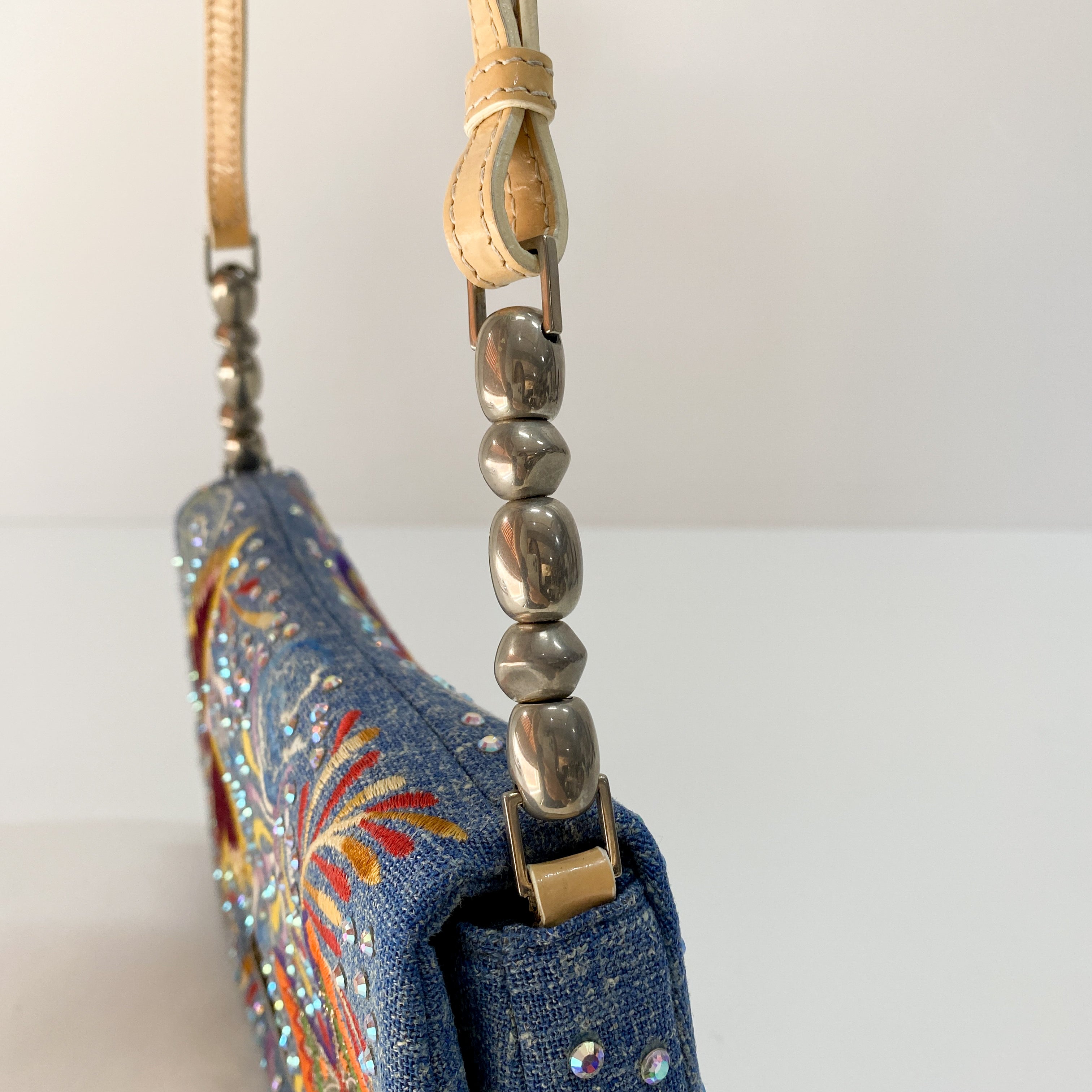 Malice Pearl Butterfly Denim and Rhinestones Bag