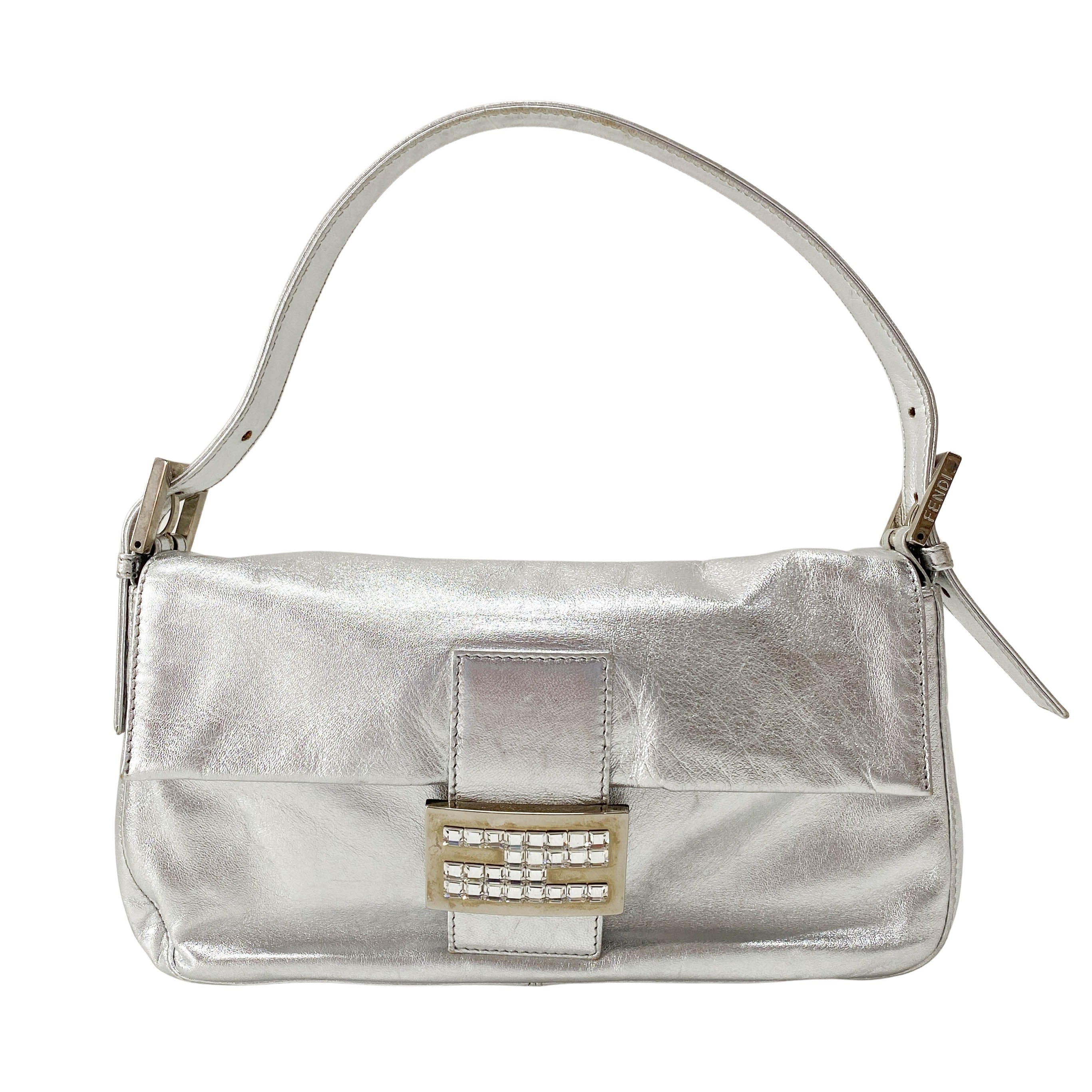 Baguette Silver Leather Shoulder Bag