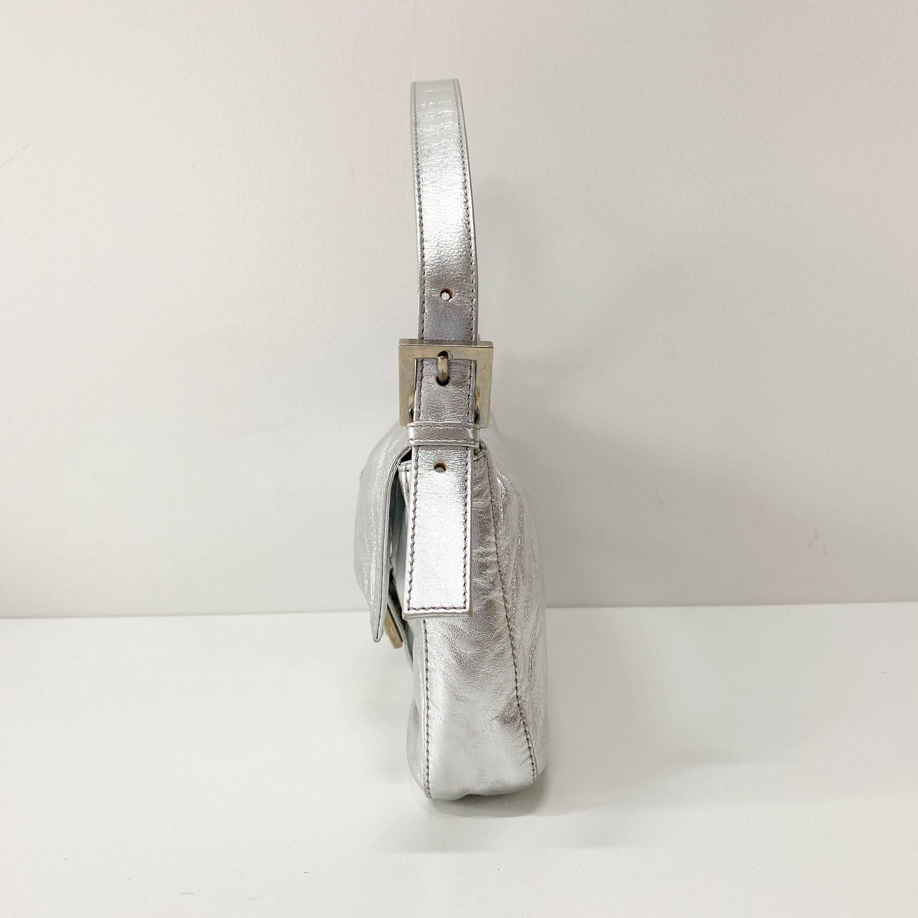 Baguette Silver Leather Shoulder Bag