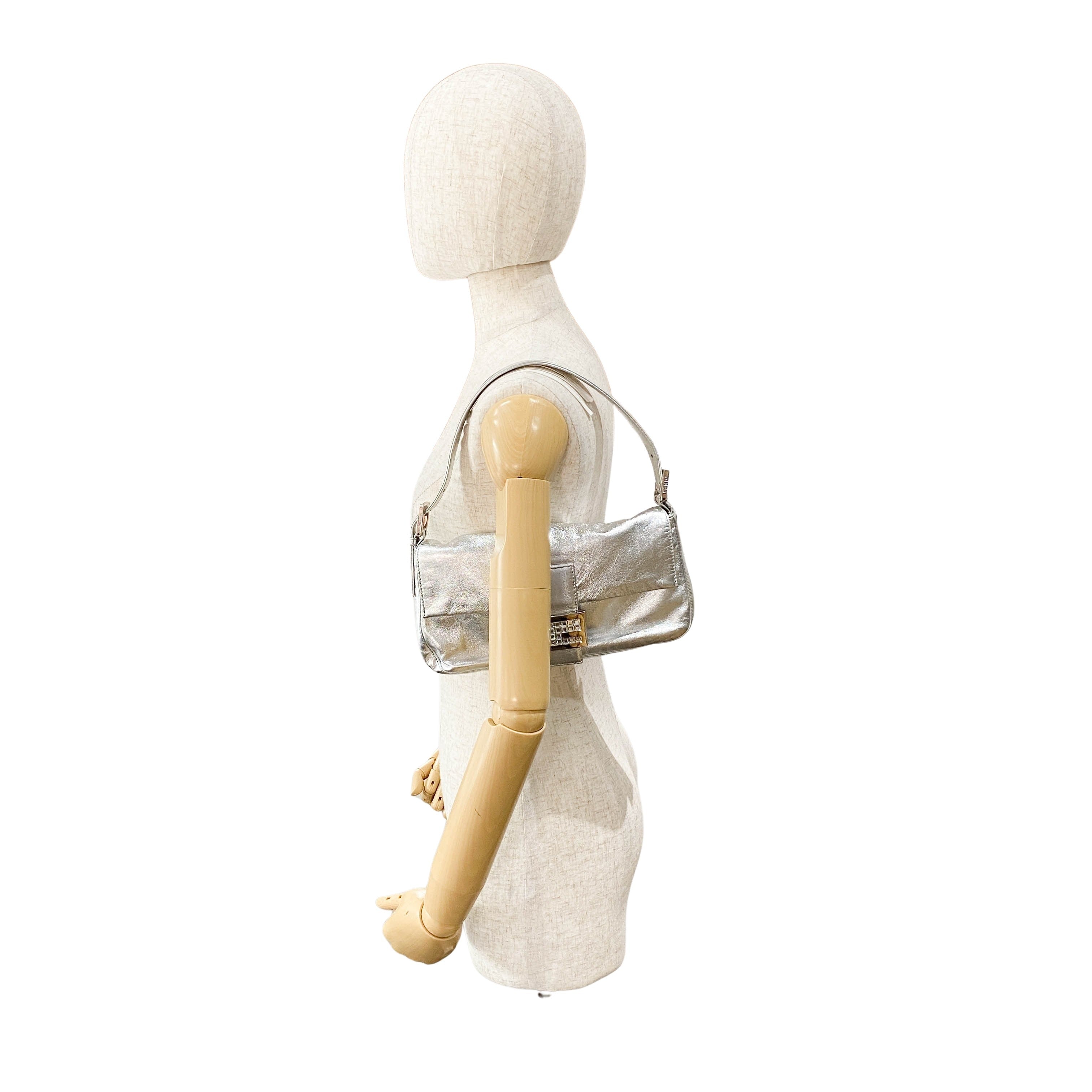 Baguette Silver Leather Shoulder Bag