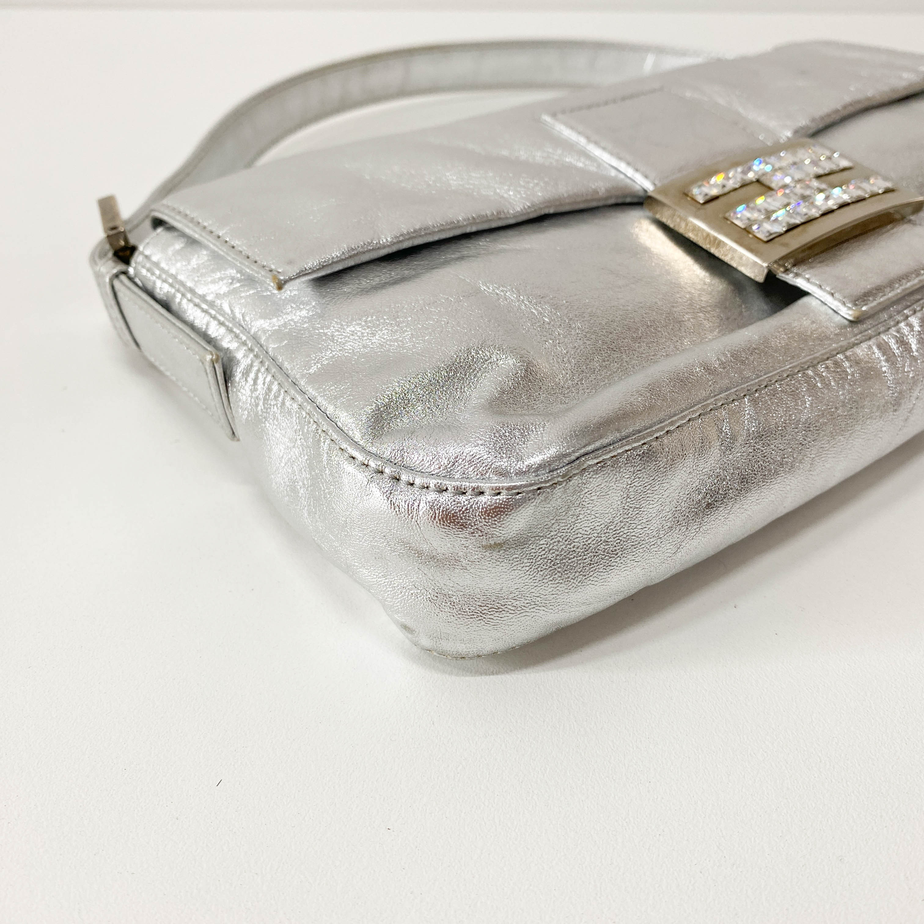 Baguette Silver Leather Shoulder Bag