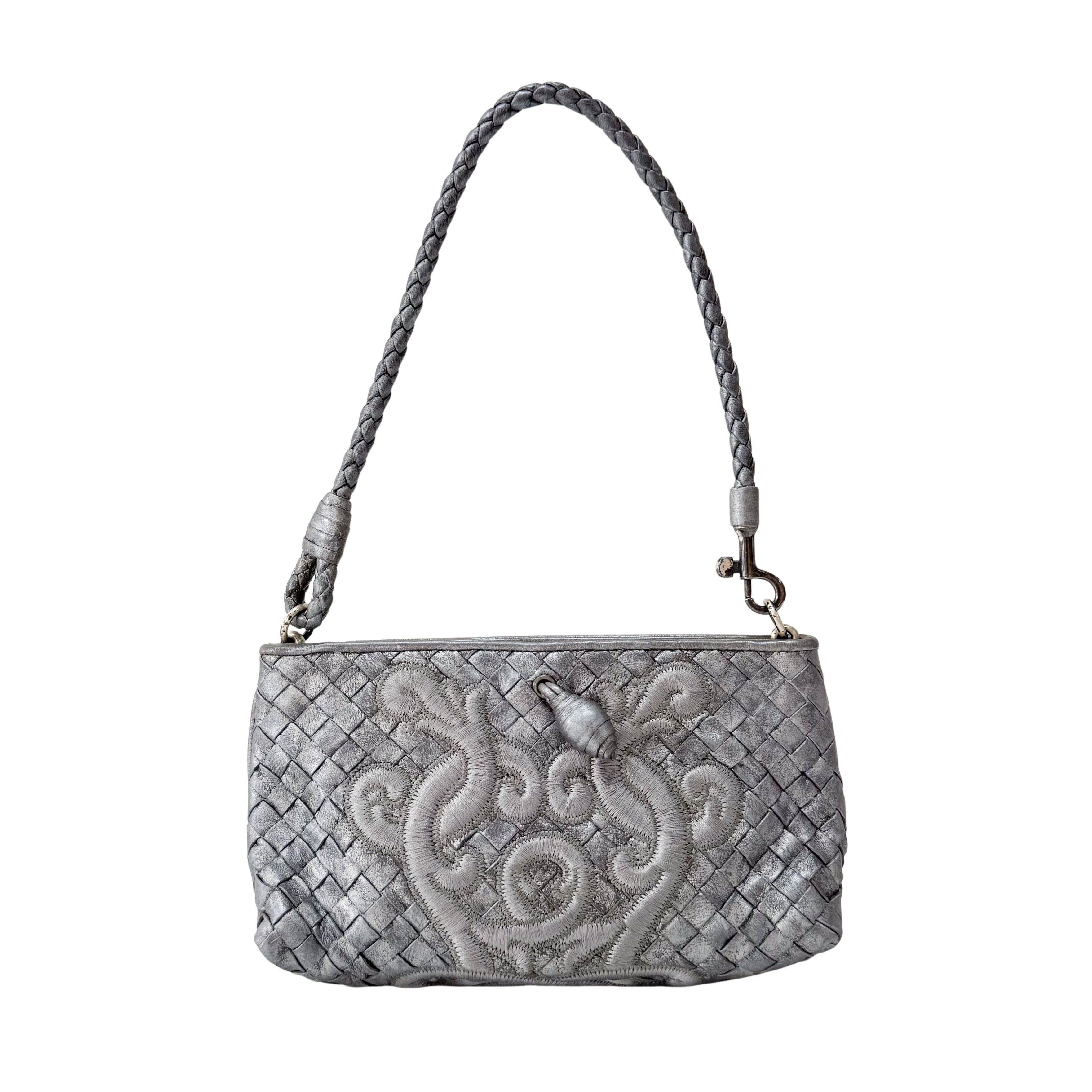 Intrecciato Silver Leather Embroidered Shoulder Bag