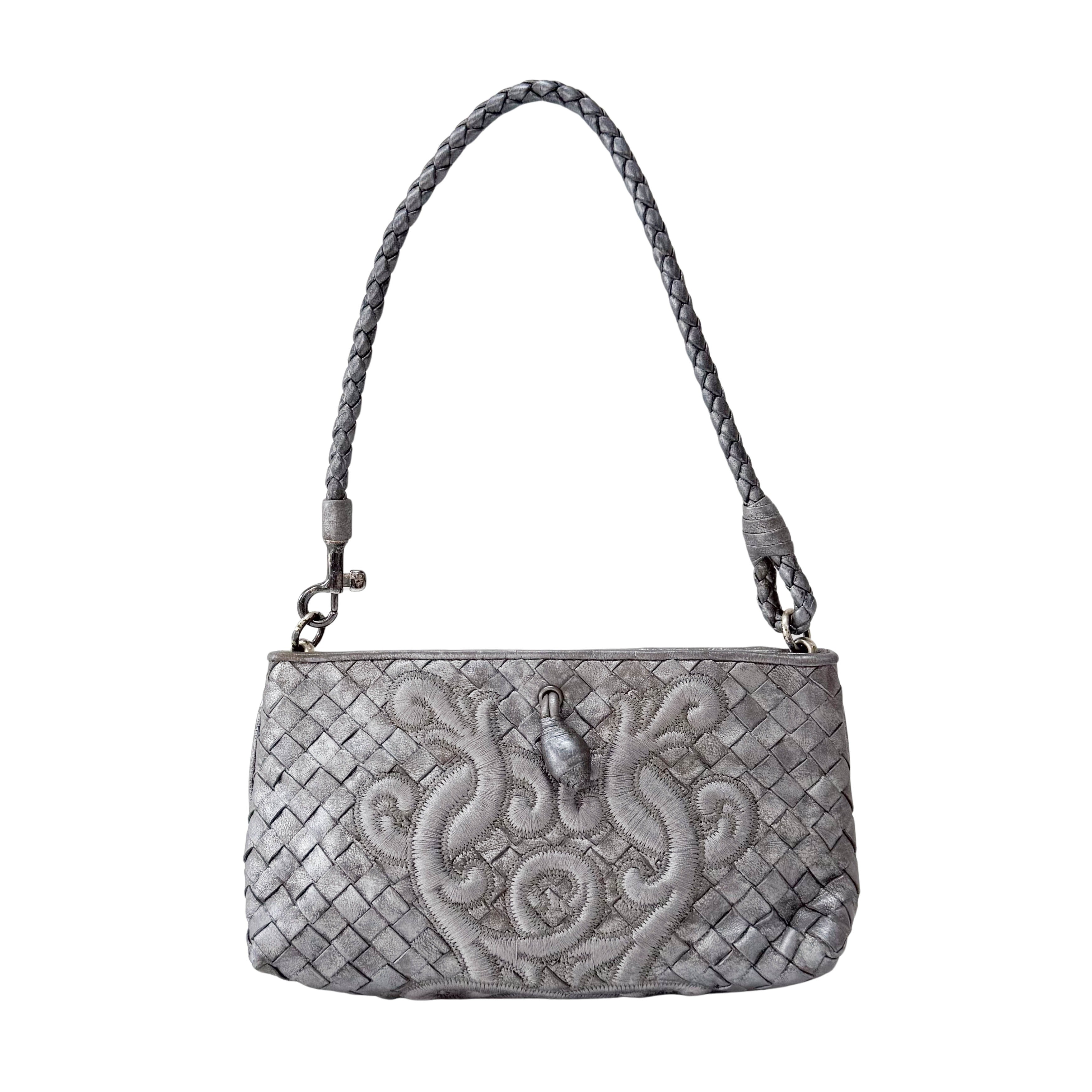Intrecciato Silver Leather Embroidered Shoulder Bag