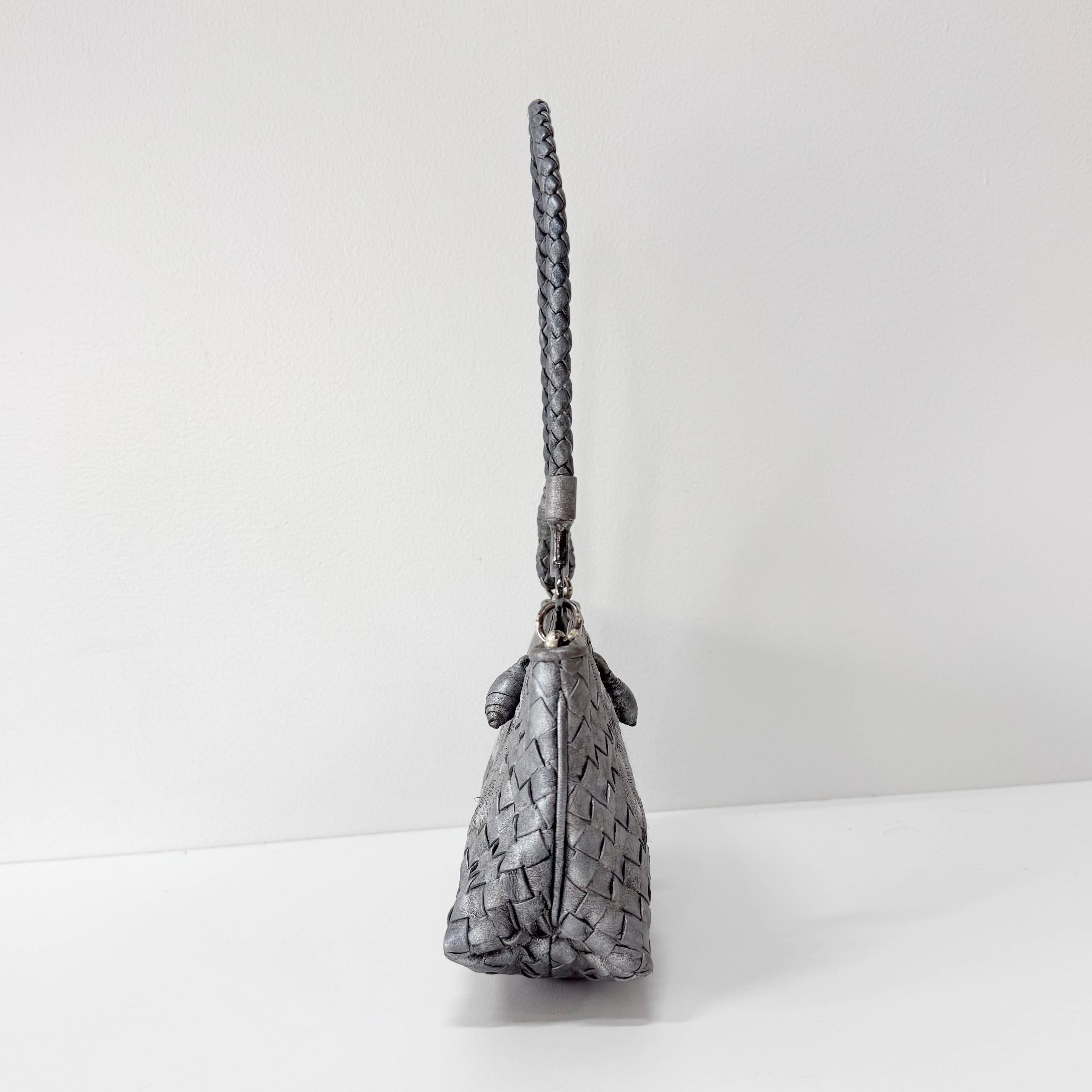 Intrecciato Silver Leather Embroidered Shoulder Bag