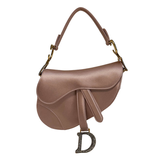 Mini Saddle Pink Satin Shoulder Bag with Rhinestone Hardware
