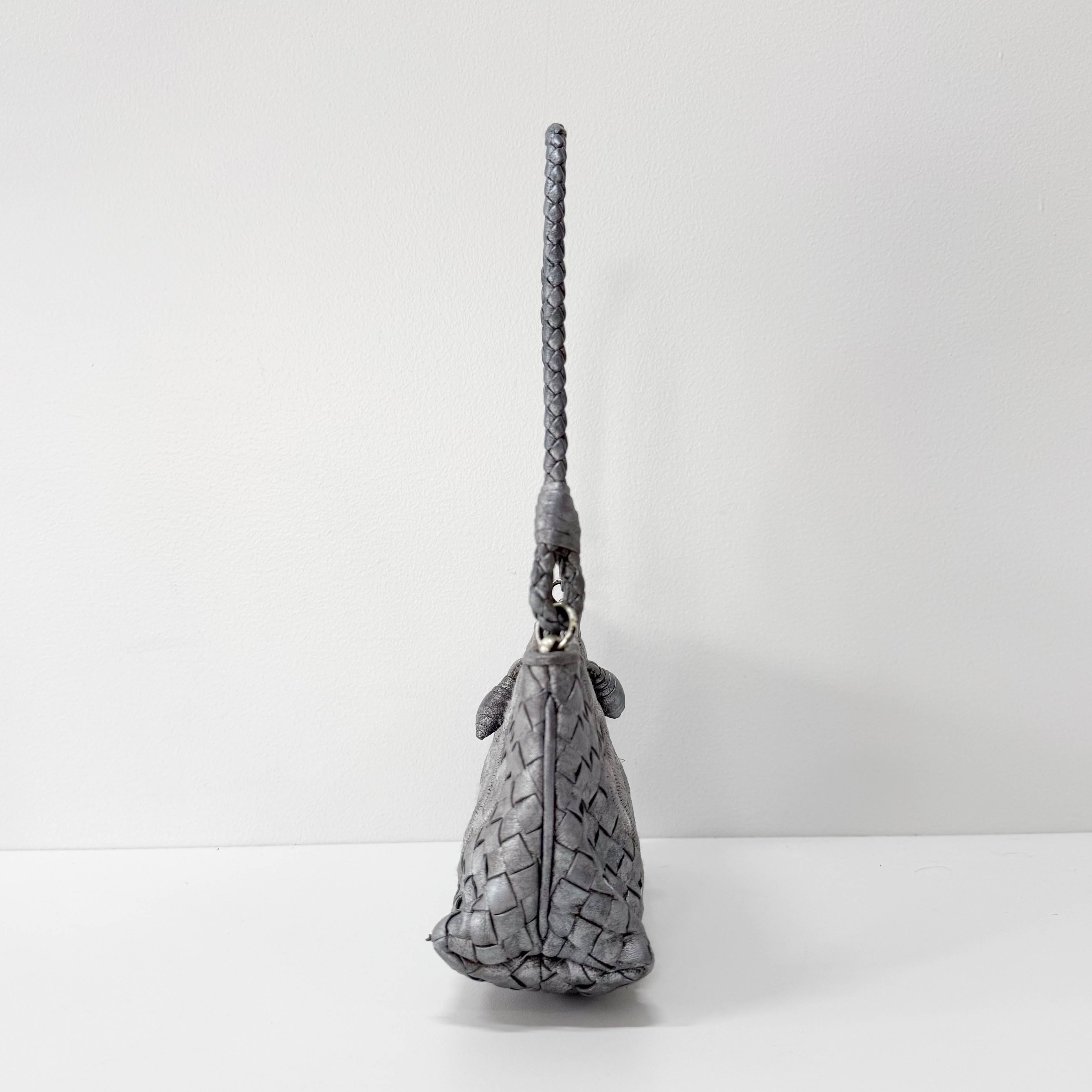 Intrecciato Silver Leather Embroidered Shoulder Bag