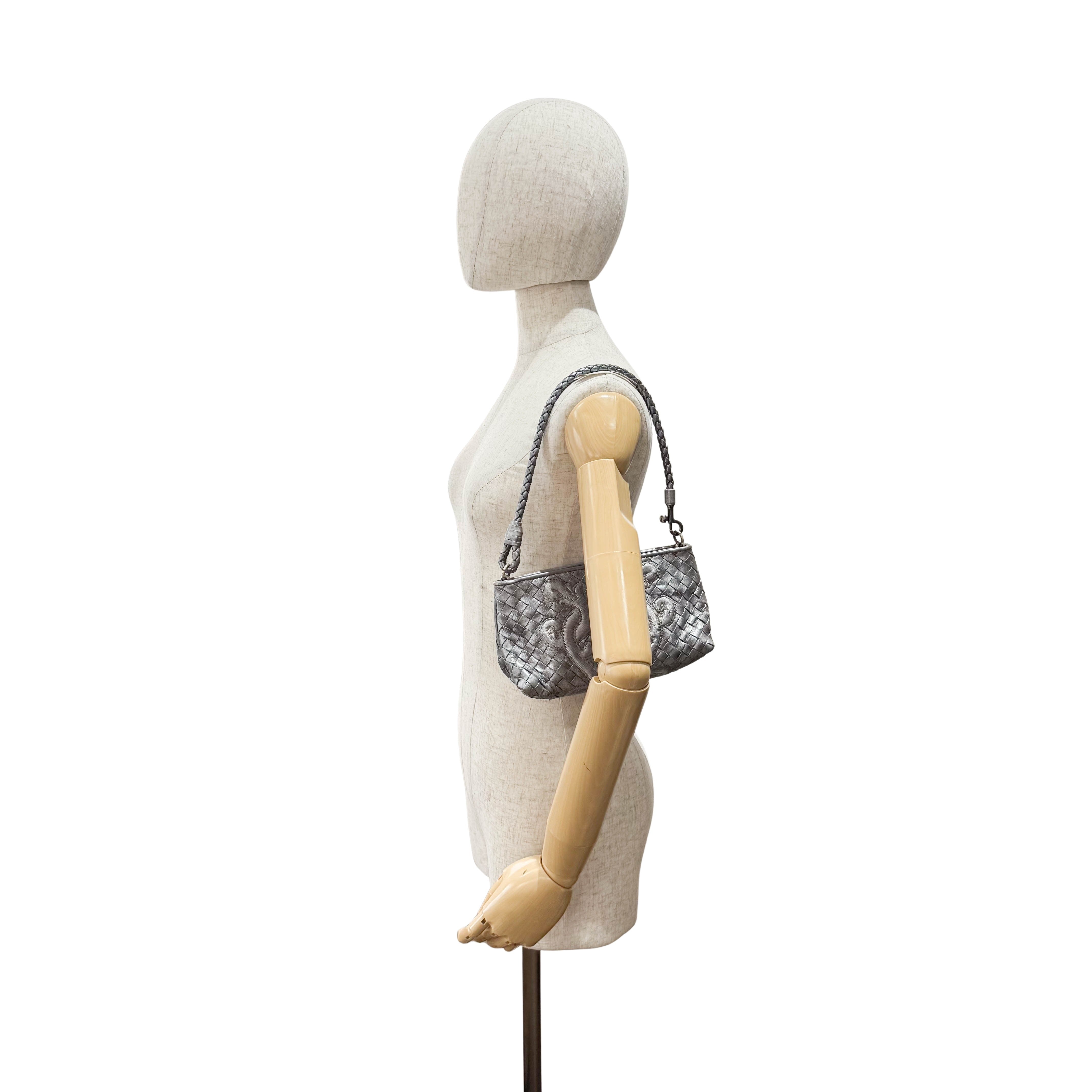 Intrecciato Silver Leather Embroidered Shoulder Bag