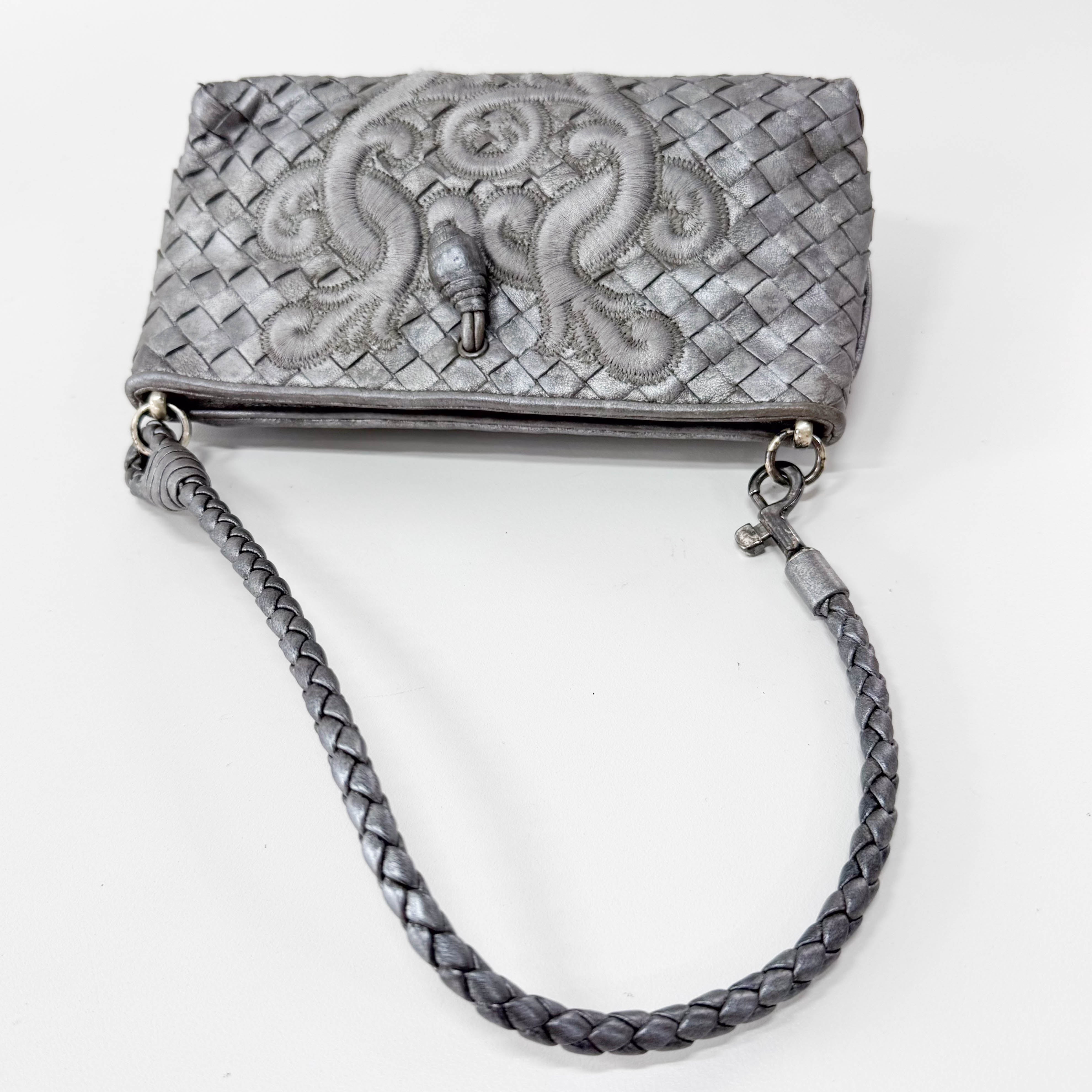 Intrecciato Silver Leather Embroidered Shoulder Bag