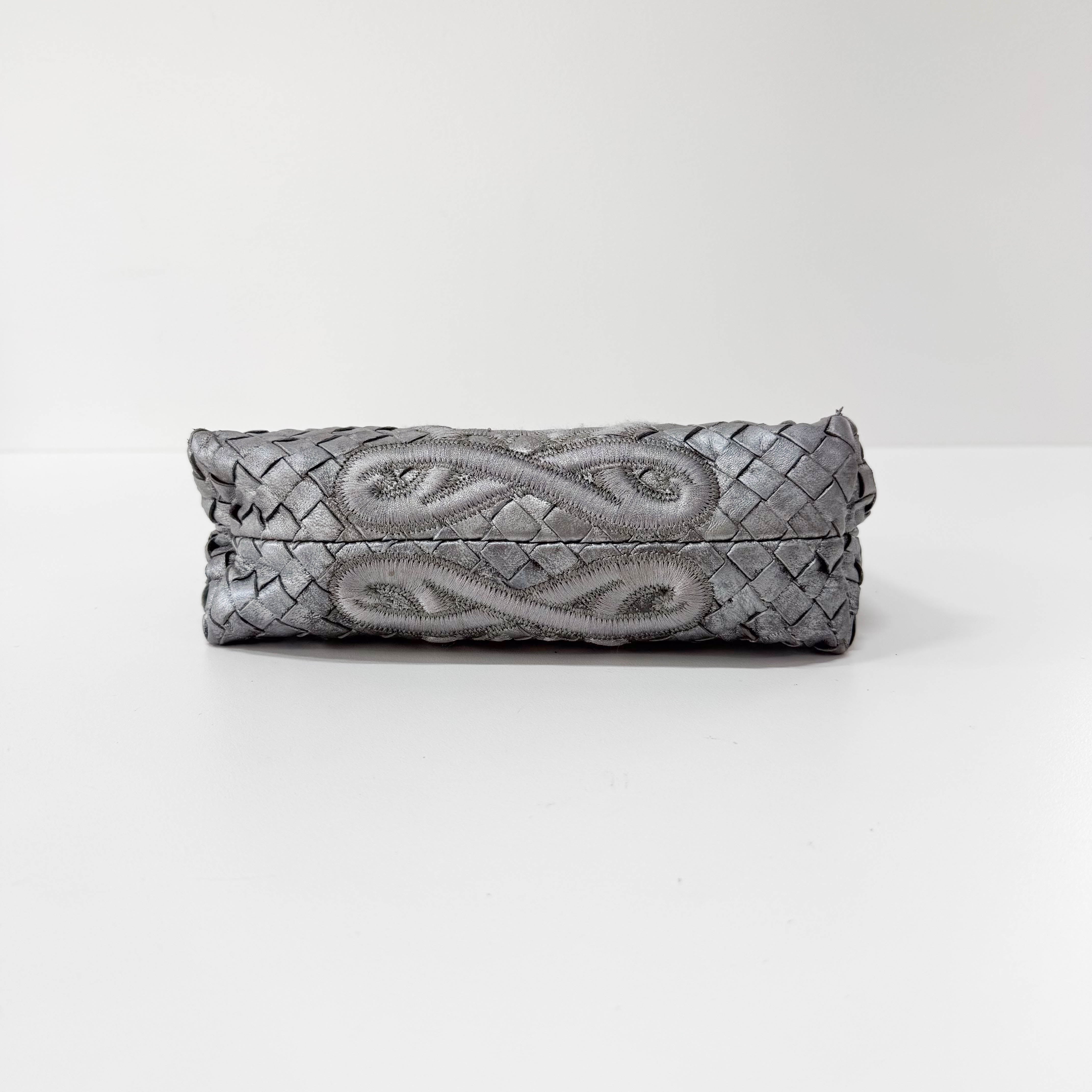 Intrecciato Silver Leather Embroidered Shoulder Bag