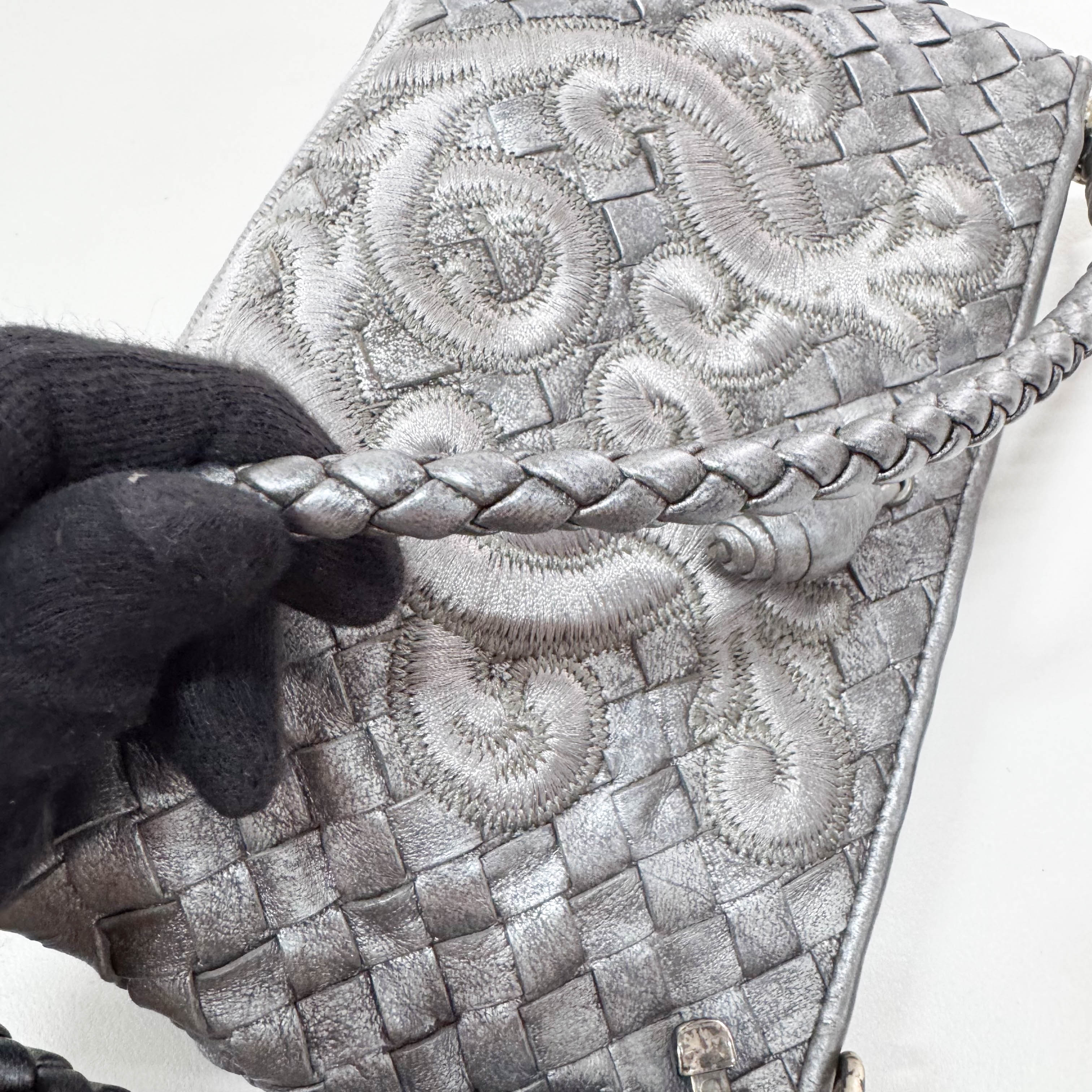 Intrecciato Silver Leather Embroidered Shoulder Bag