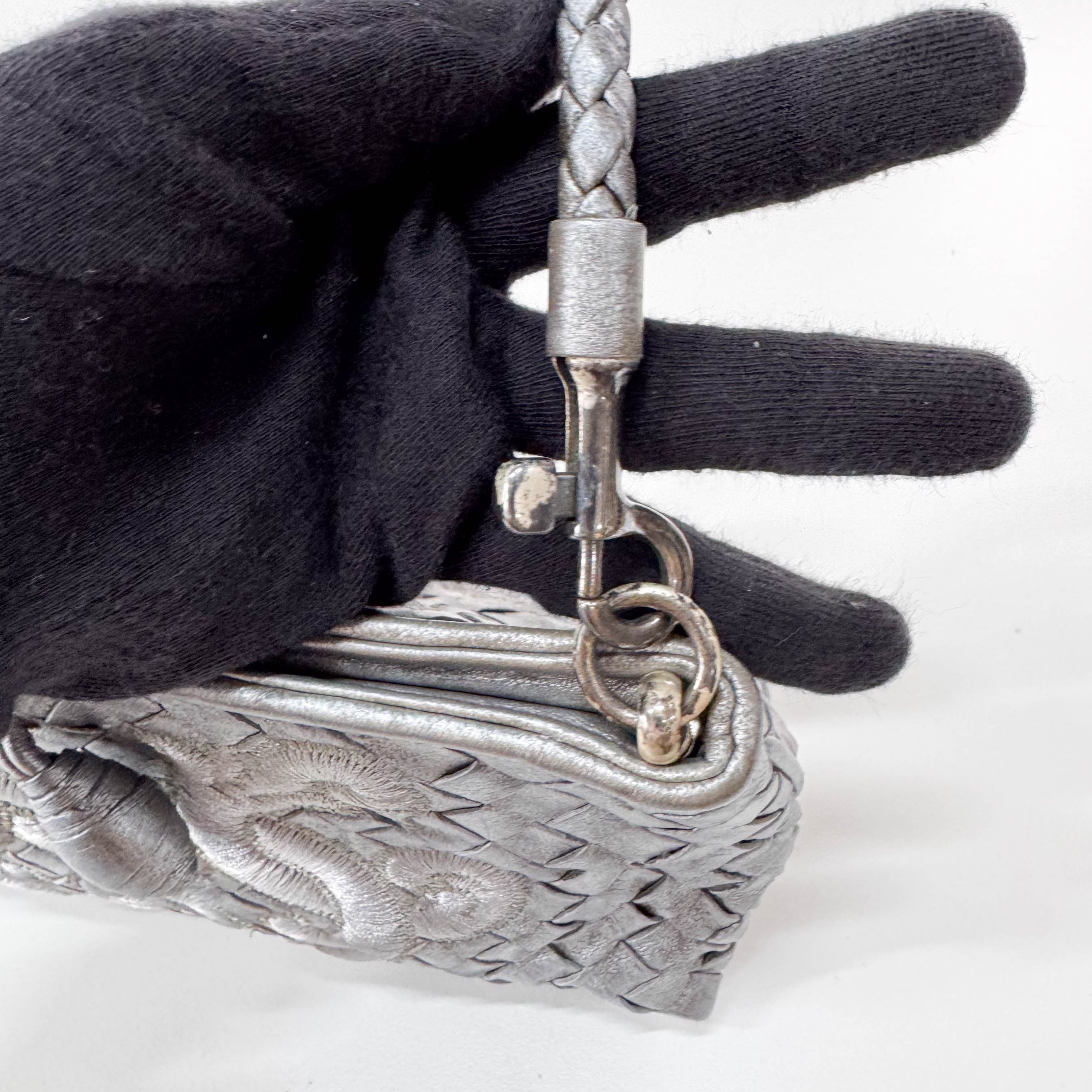 Intrecciato Silver Leather Embroidered Shoulder Bag