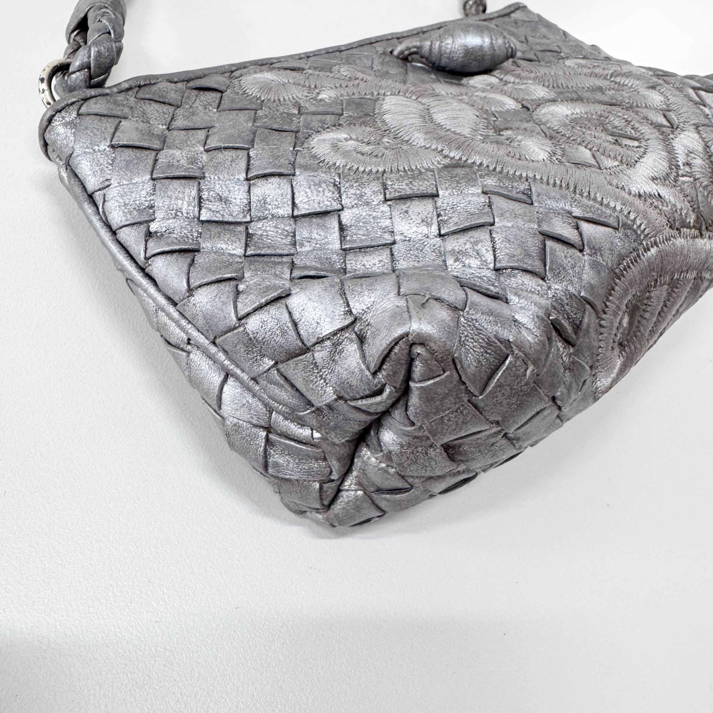 Intrecciato Silver Leather Embroidered Shoulder Bag
