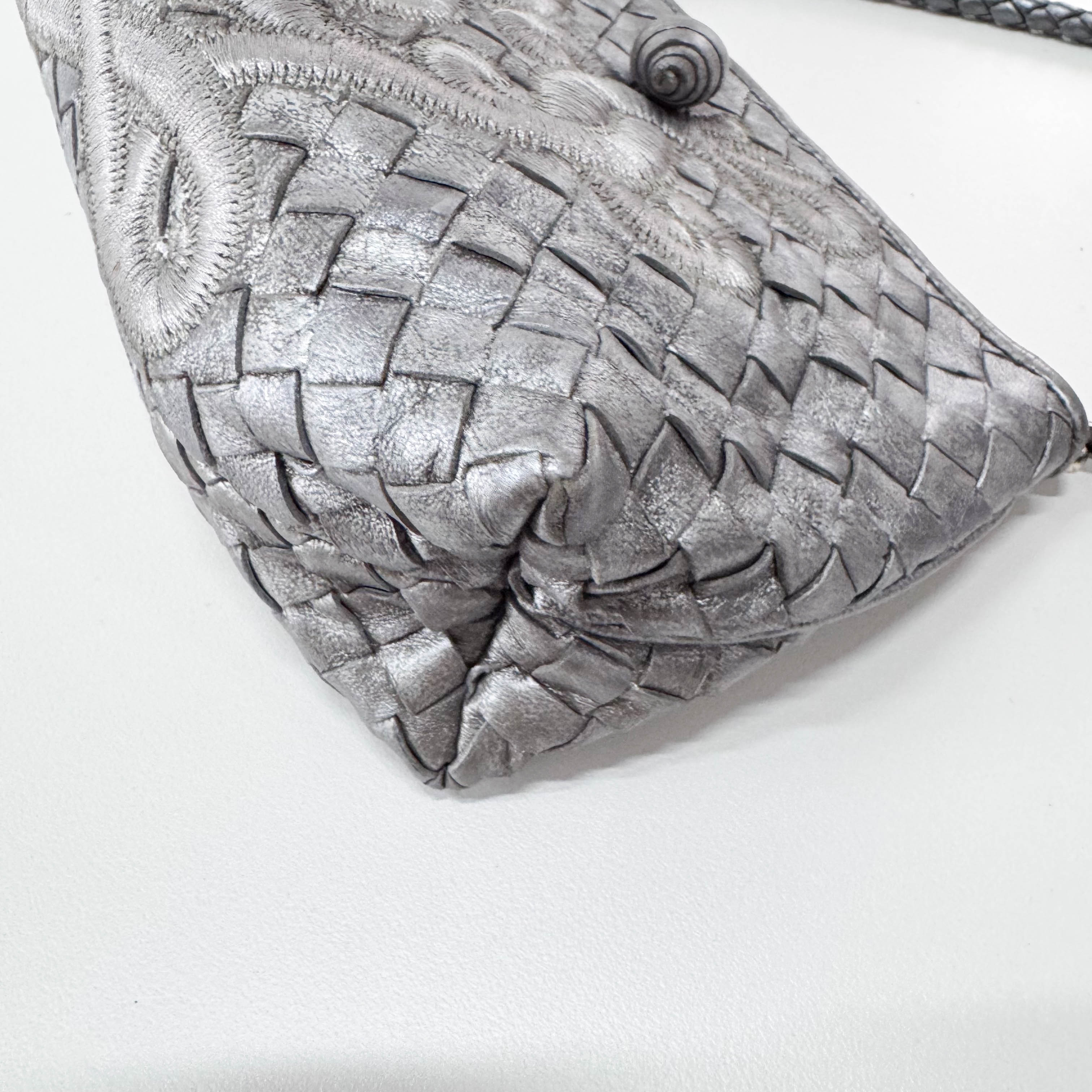 Intrecciato Silver Leather Embroidered Shoulder Bag