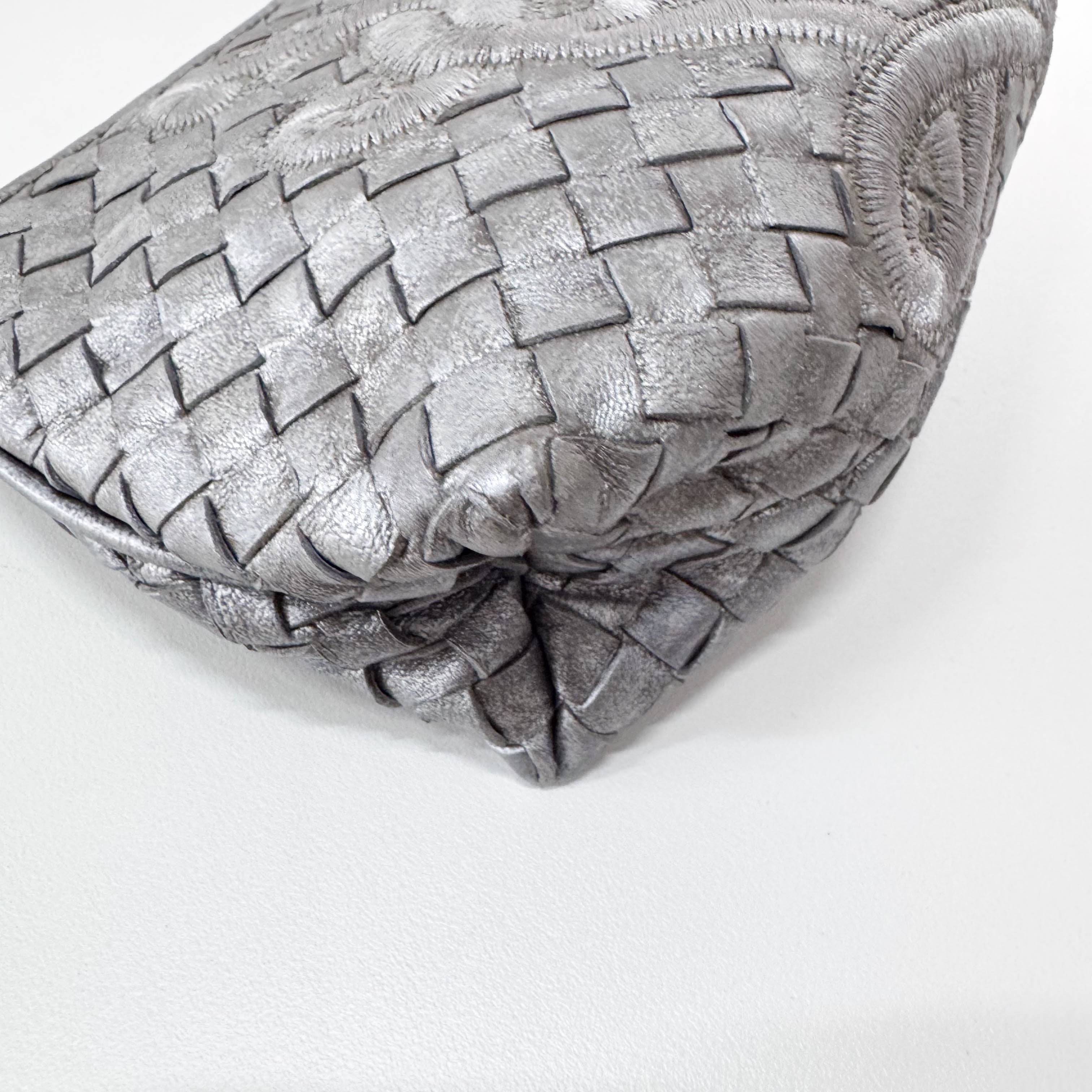 Intrecciato Silver Leather Embroidered Shoulder Bag