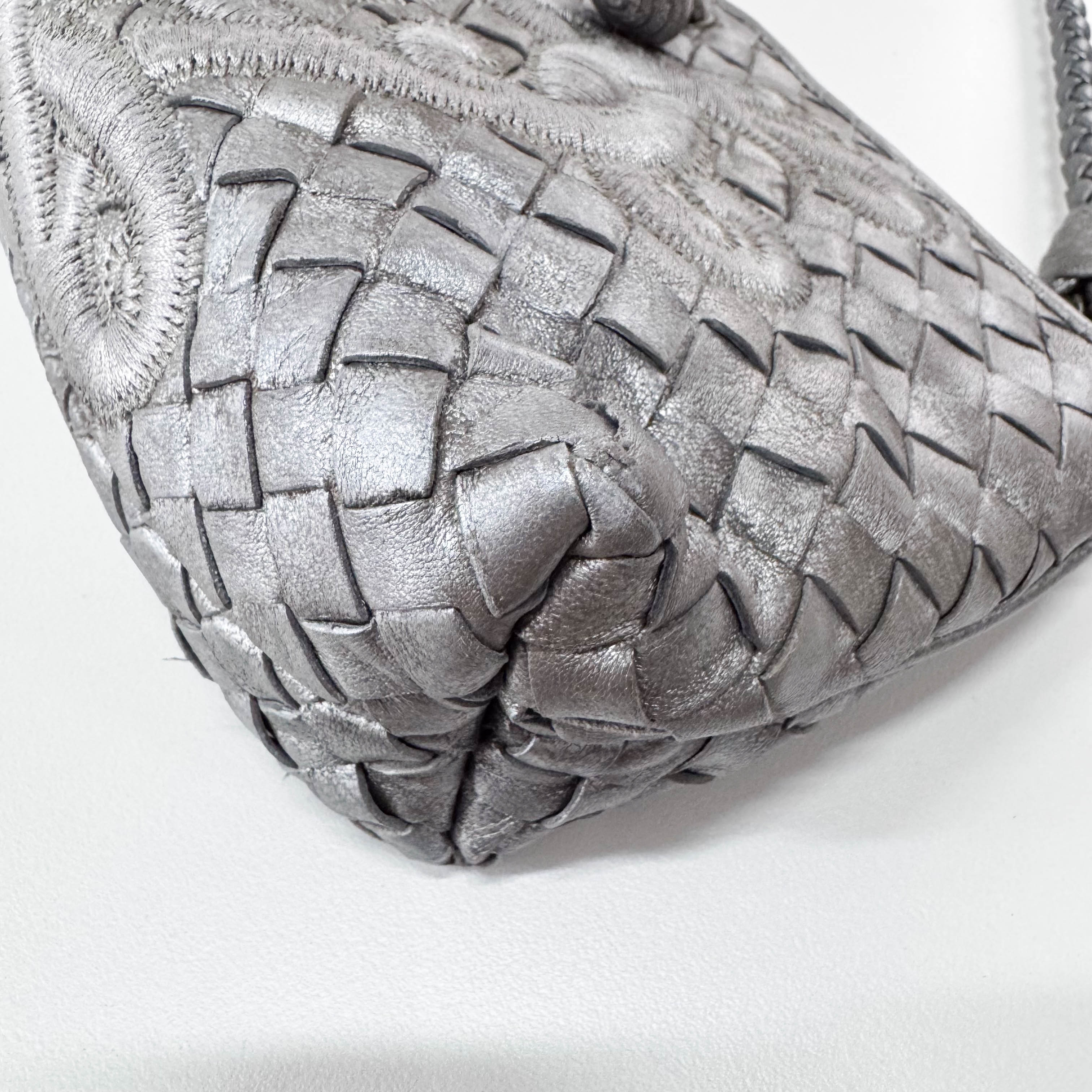 Intrecciato Silver Leather Embroidered Shoulder Bag