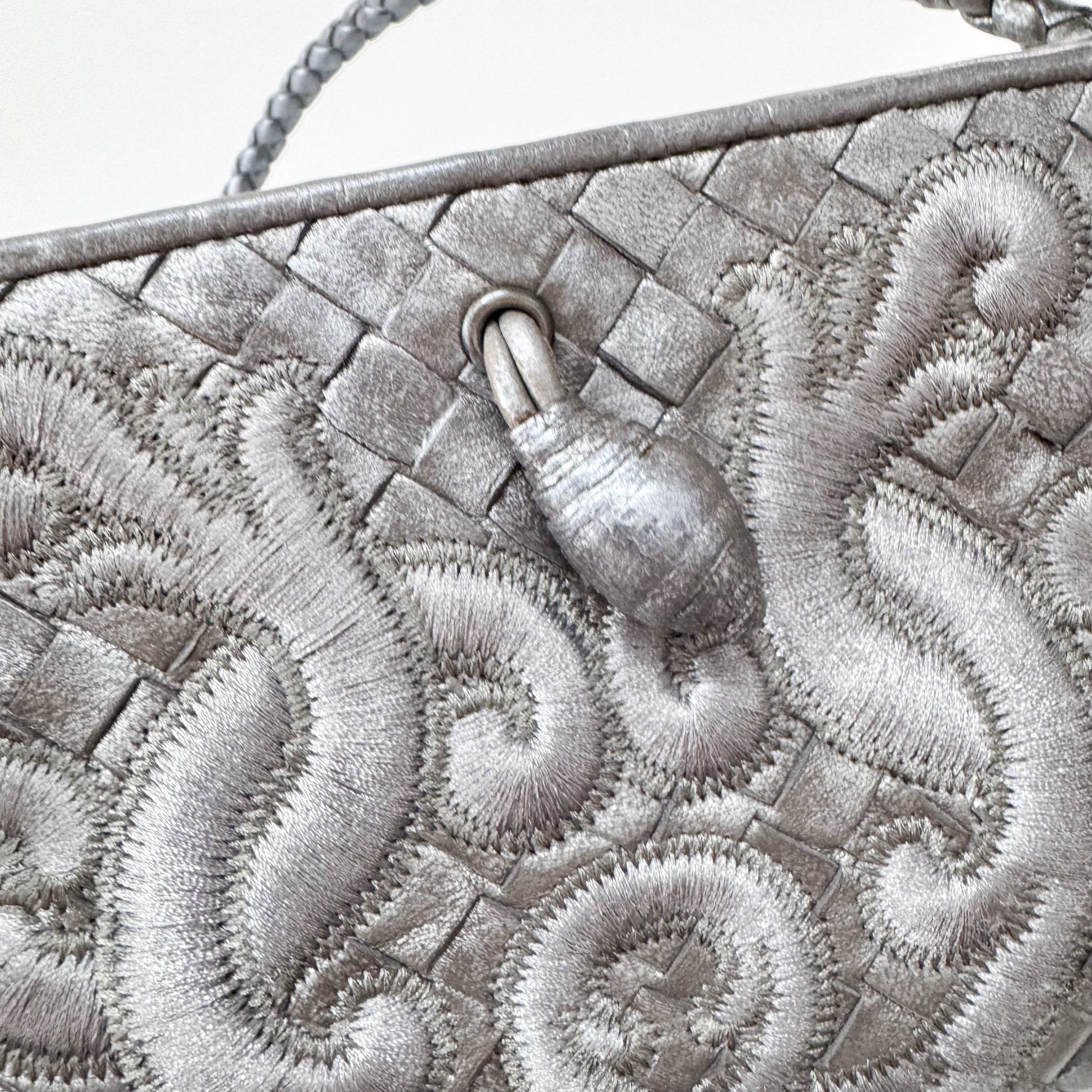 Intrecciato Silver Leather Embroidered Shoulder Bag