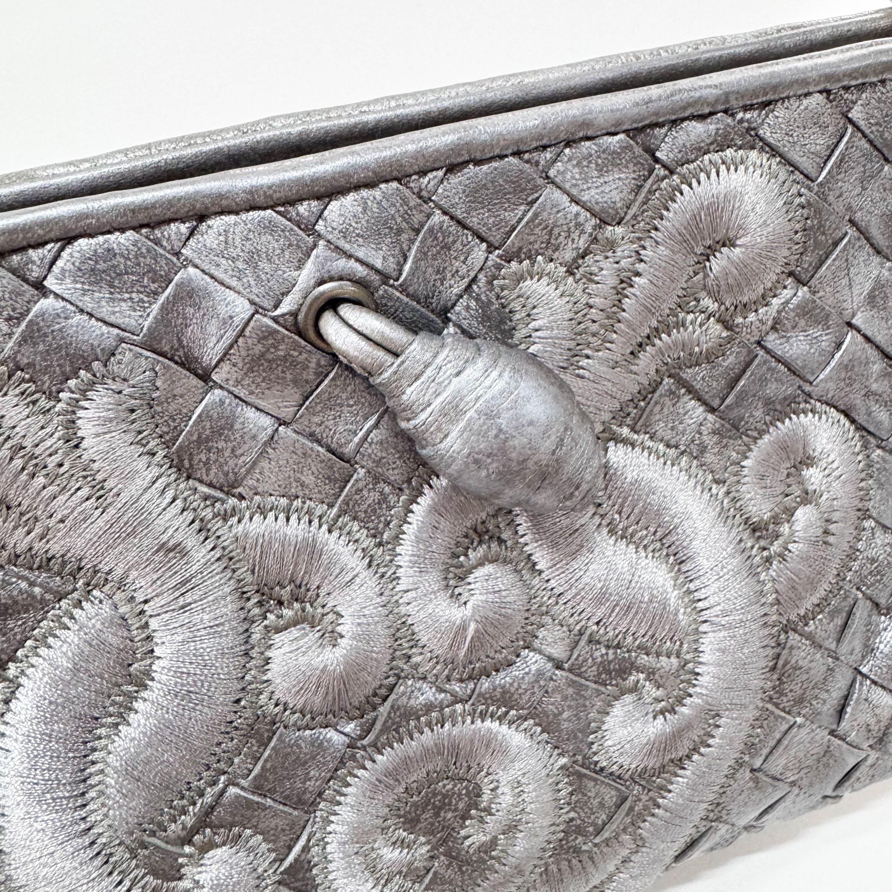 Intrecciato Silver Leather Embroidered Shoulder Bag