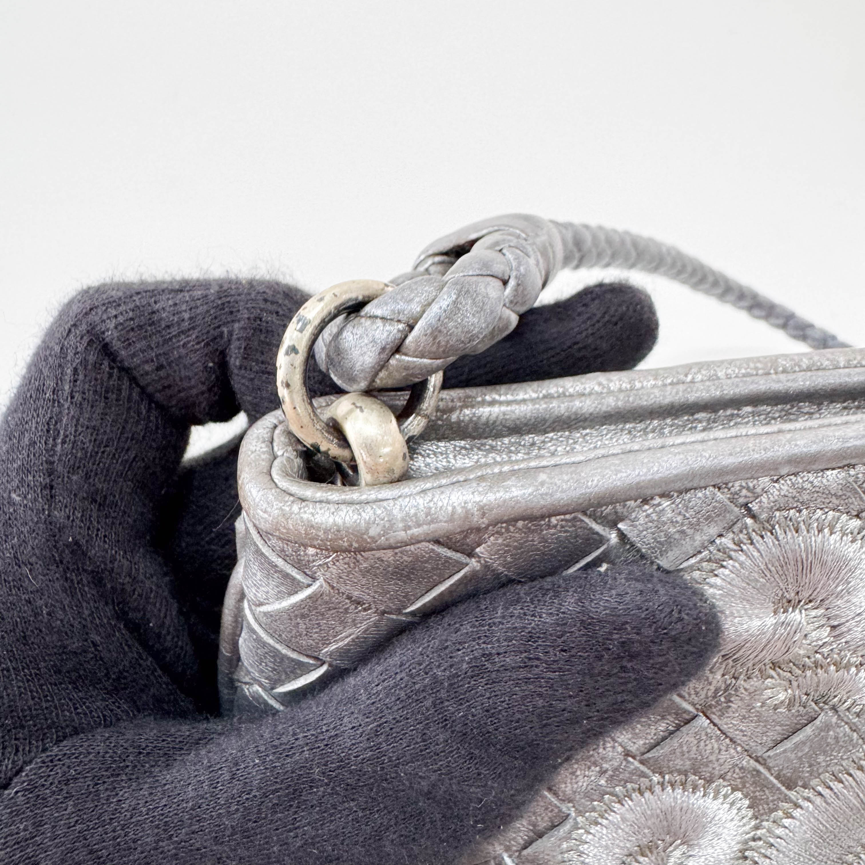 Intrecciato Silver Leather Embroidered Shoulder Bag