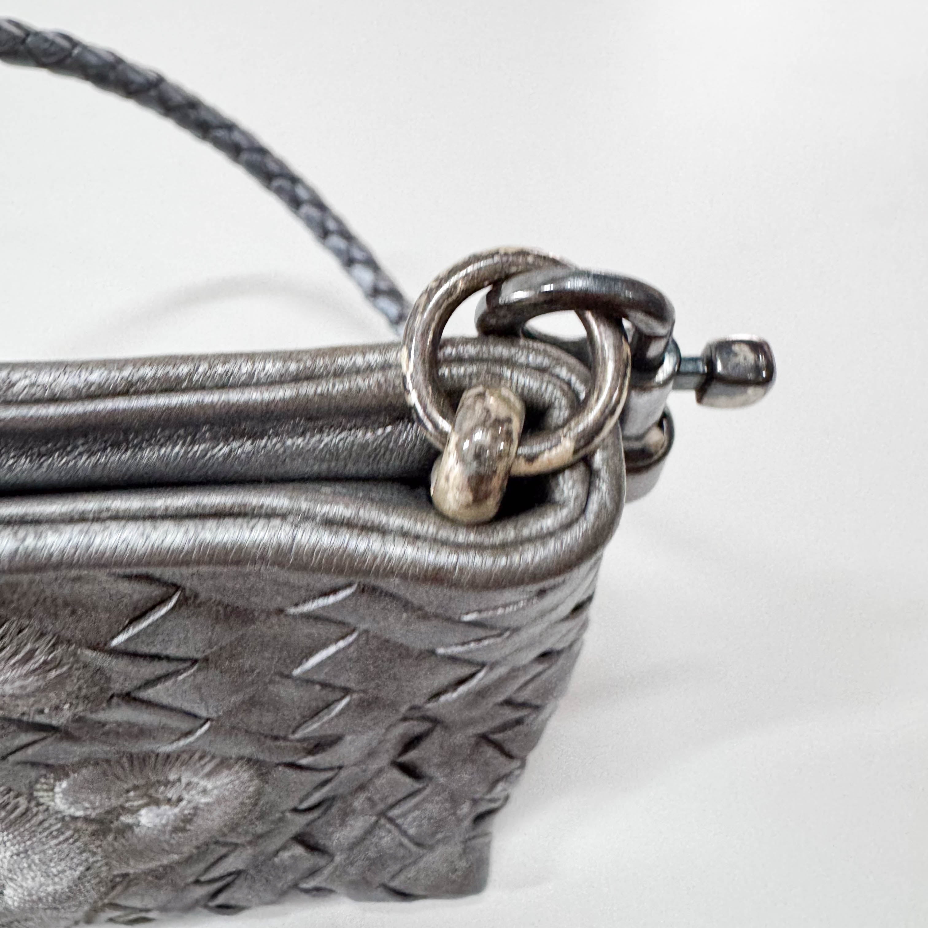 Intrecciato Silver Leather Embroidered Shoulder Bag
