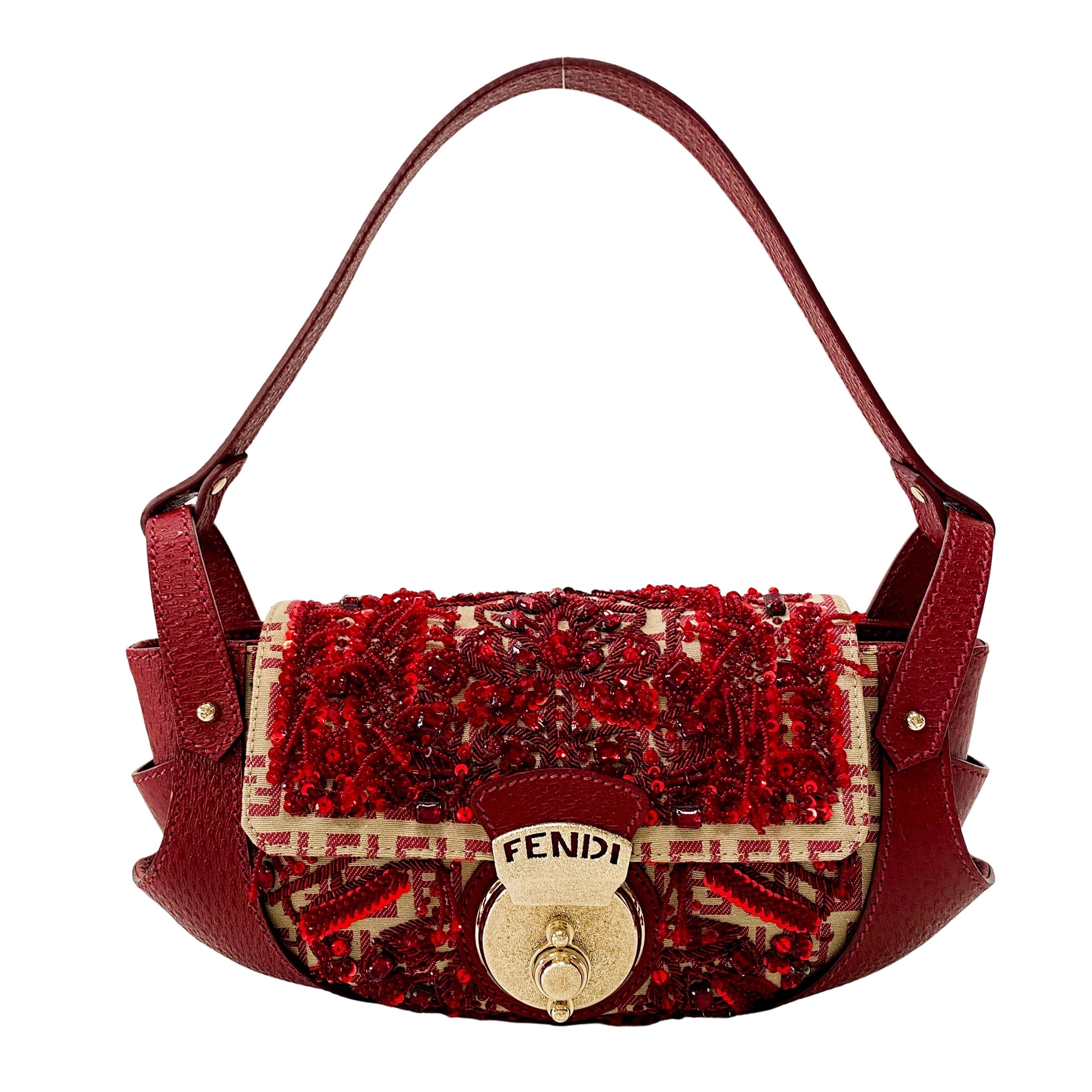 Zucca Red Leather & Canvas Embroidered Beaded Bag