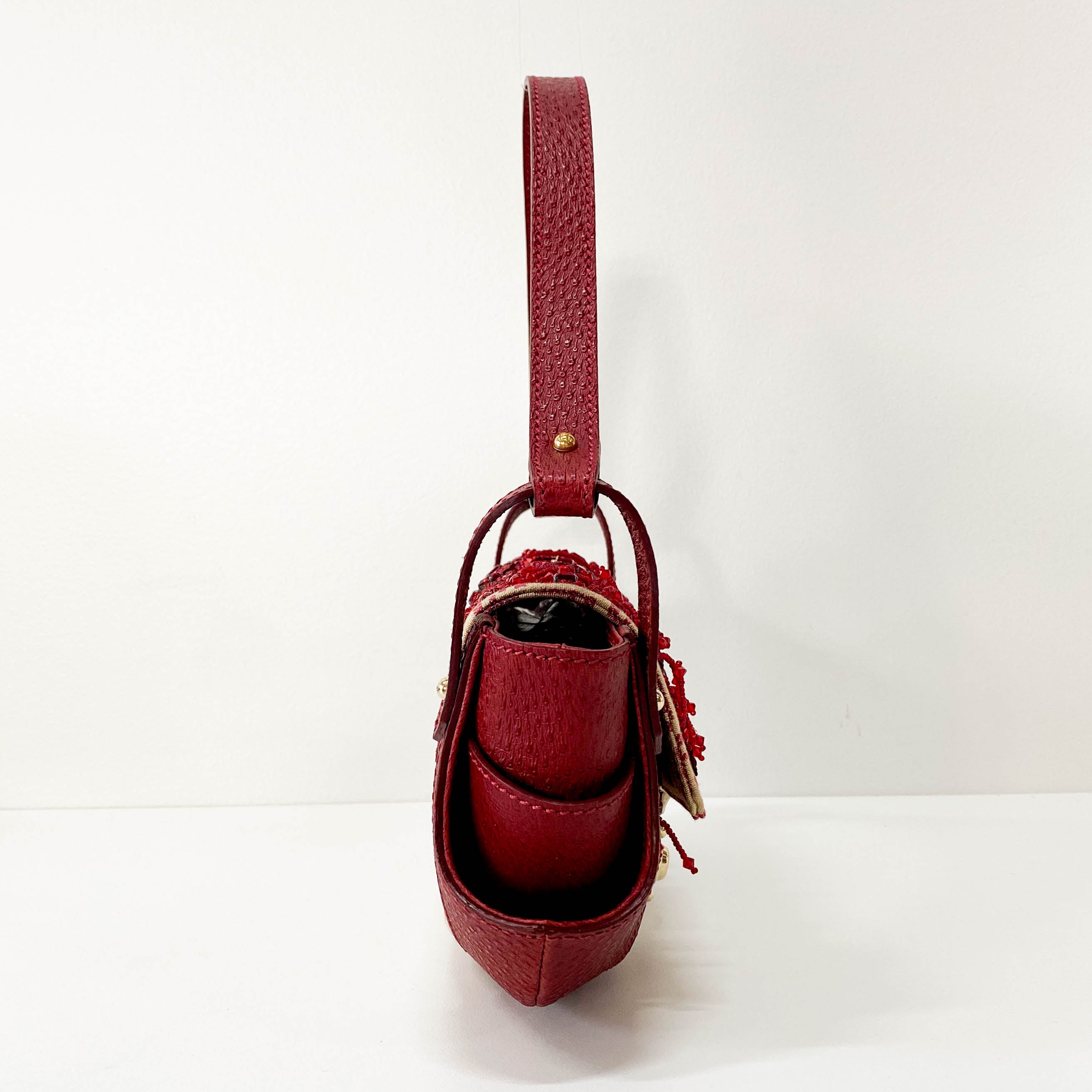 Zucca Red Leather & Canvas Embroidered Beaded Bag