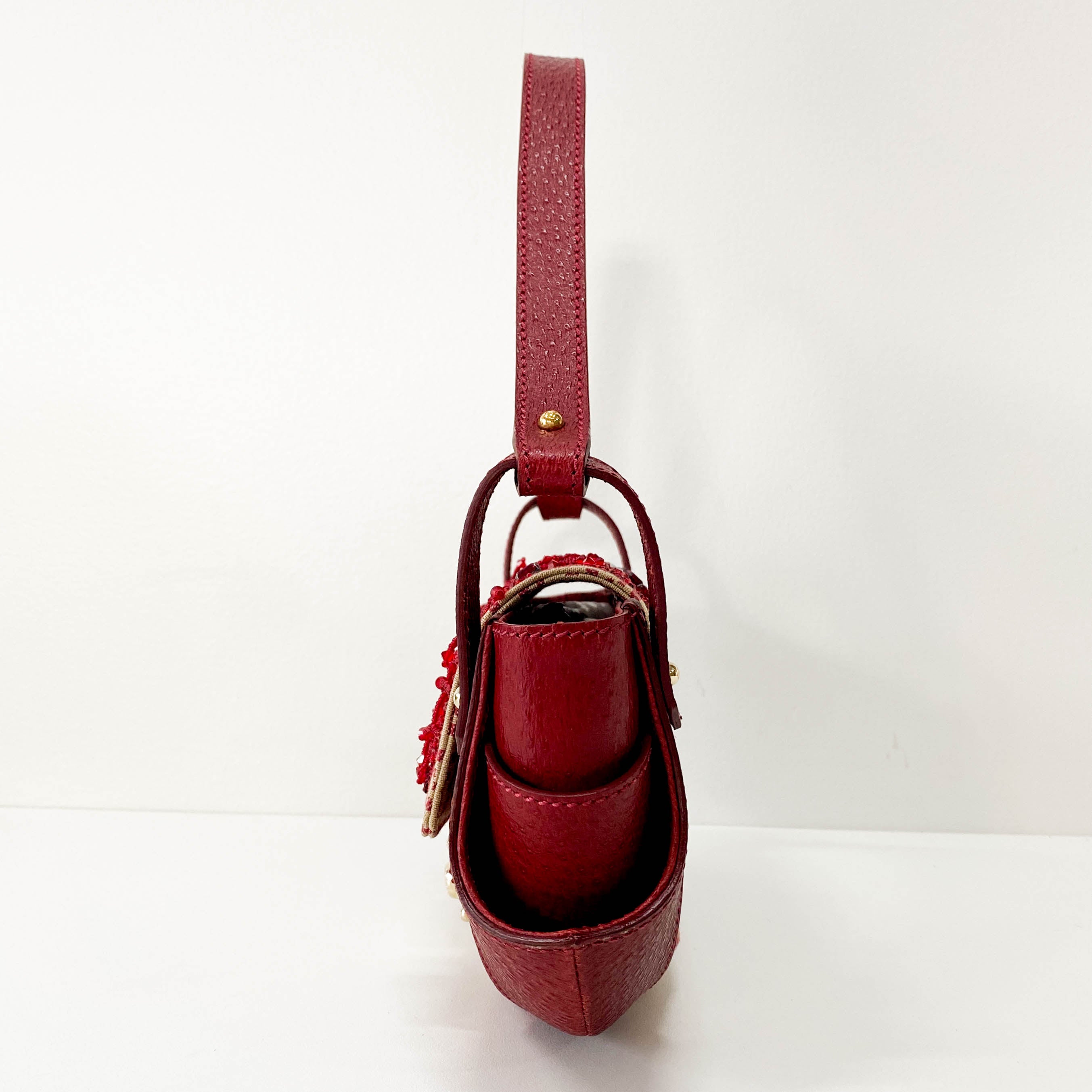 Zucca Red Leather & Canvas Embroidered Beaded Bag