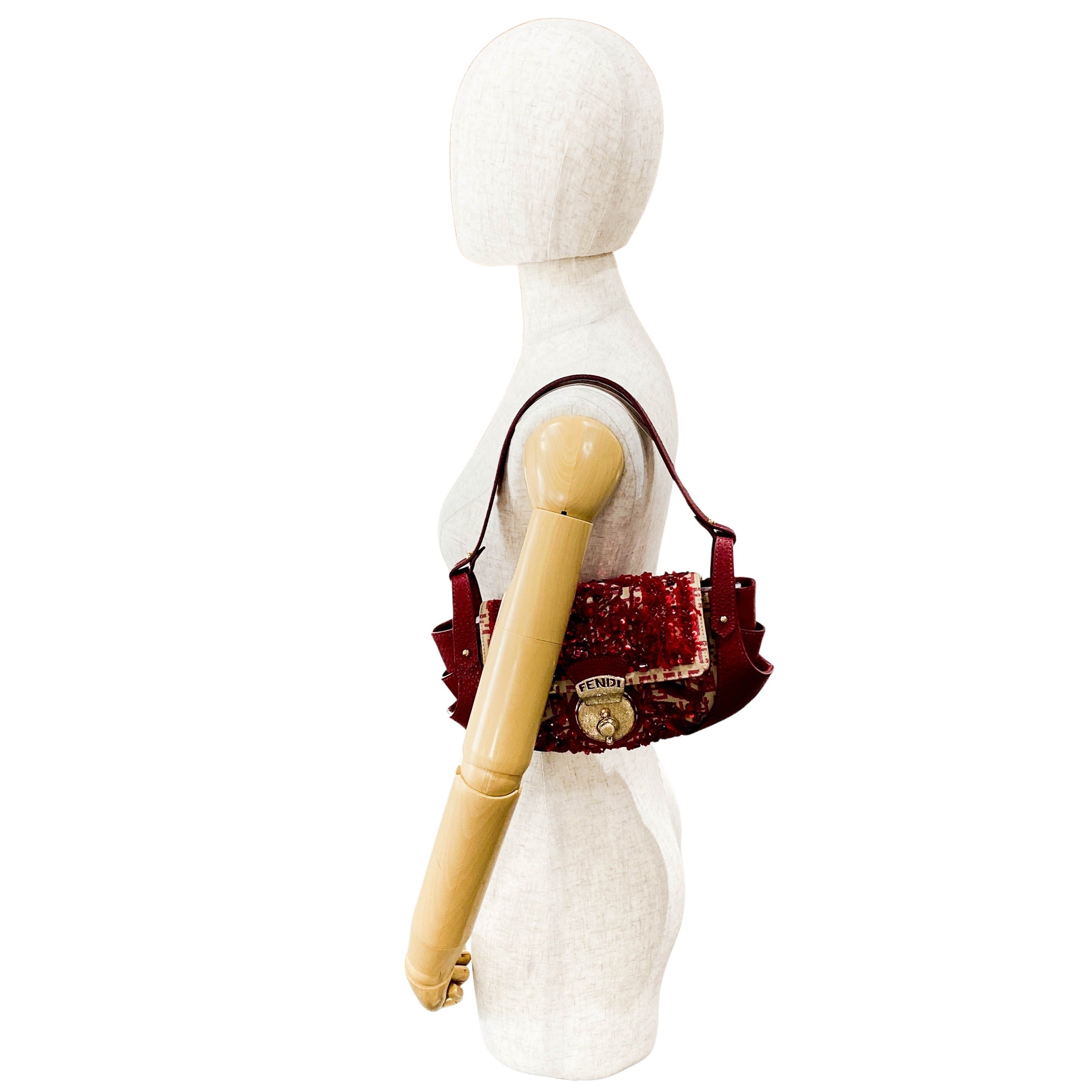 Zucca Red Leather & Canvas Embroidered Beaded Bag