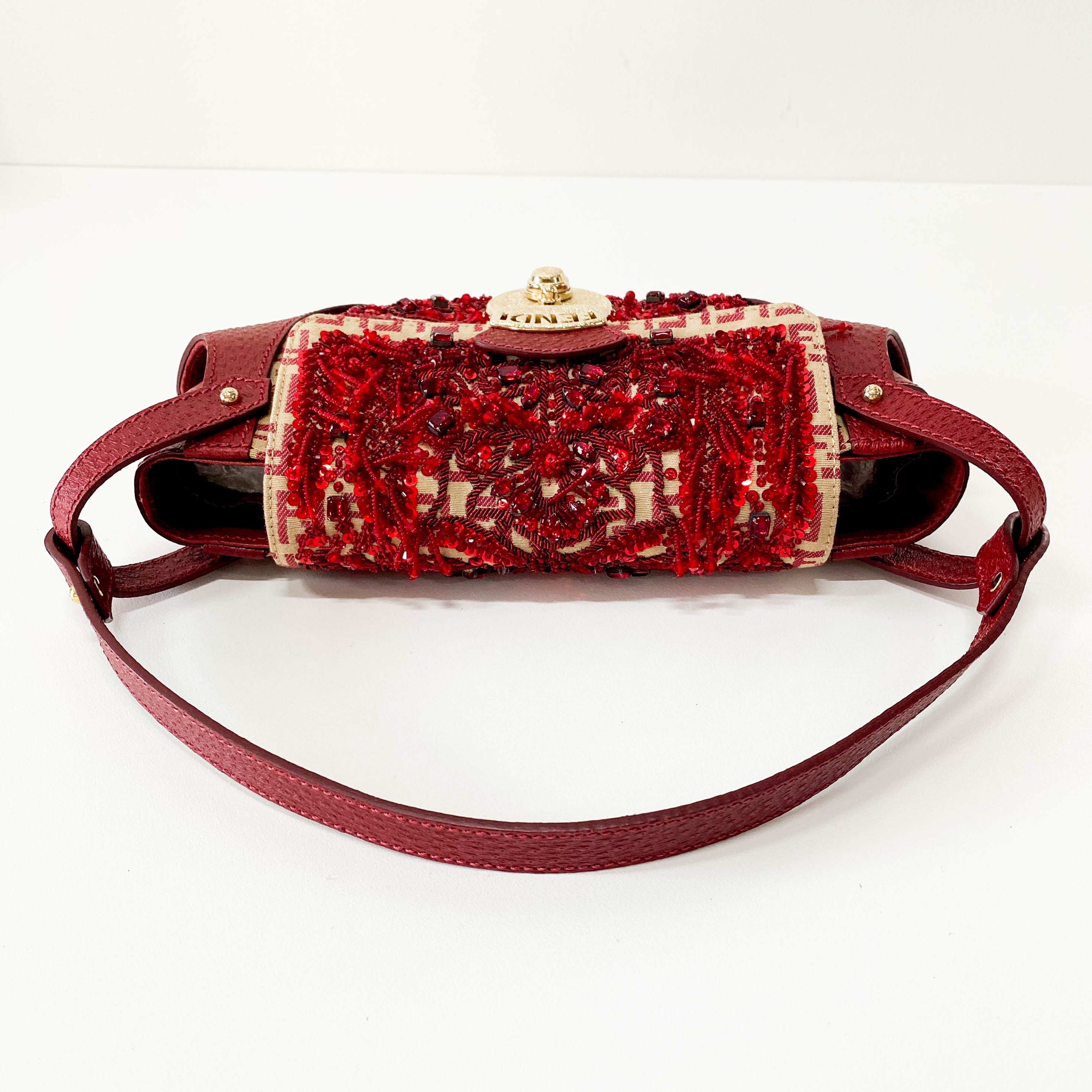 Zucca Red Leather & Canvas Embroidered Beaded Bag