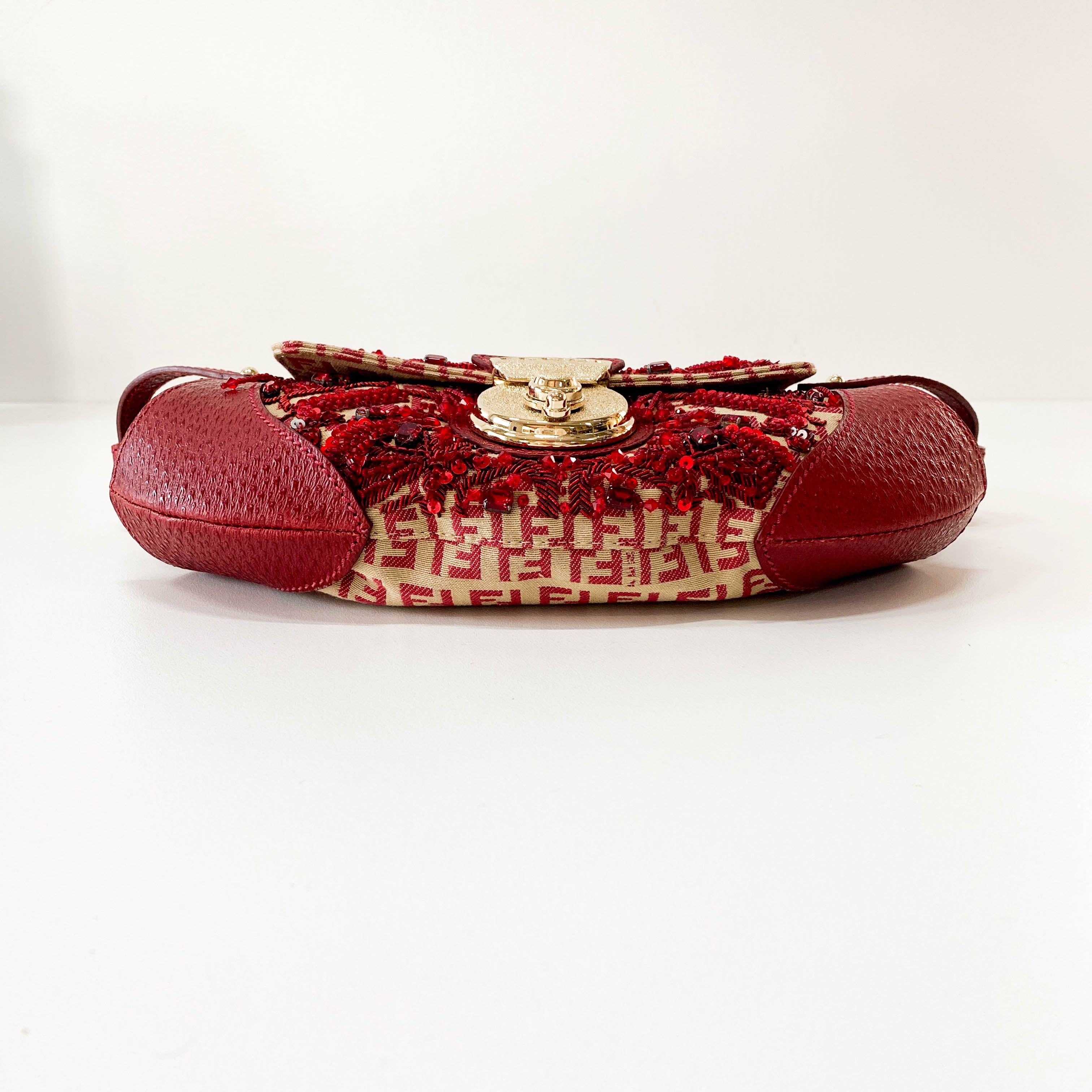 Zucca Red Leather & Canvas Embroidered Beaded Bag