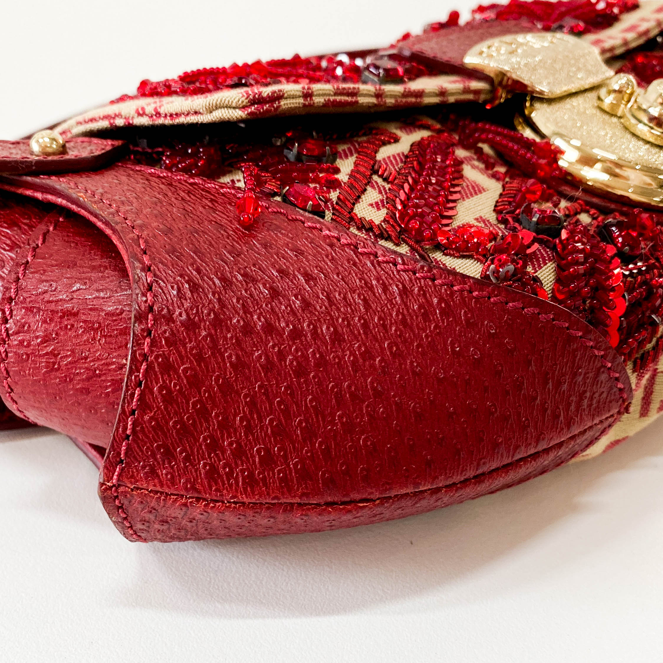 Zucca Red Leather & Canvas Embroidered Beaded Bag