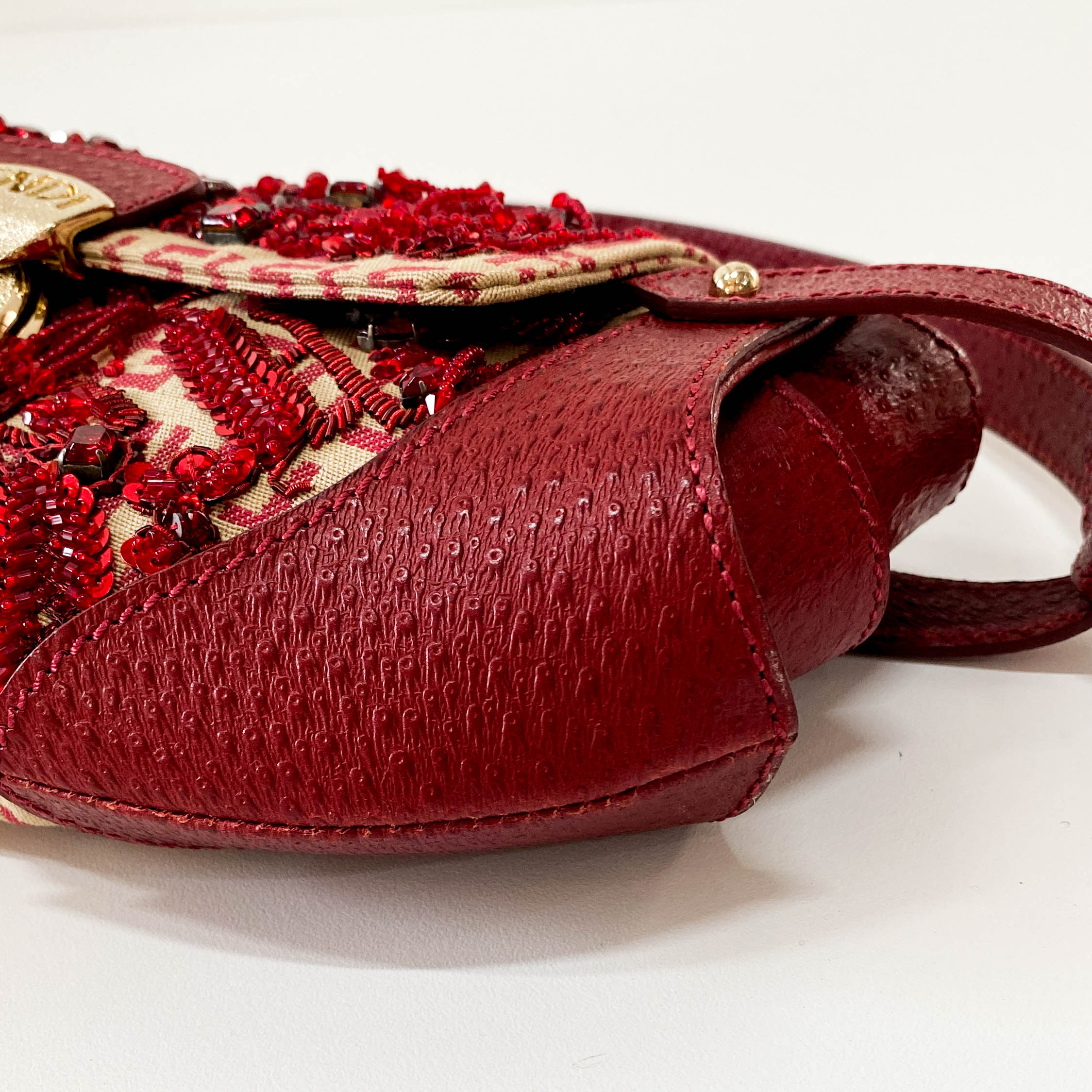 Zucca Red Leather & Canvas Embroidered Beaded Bag