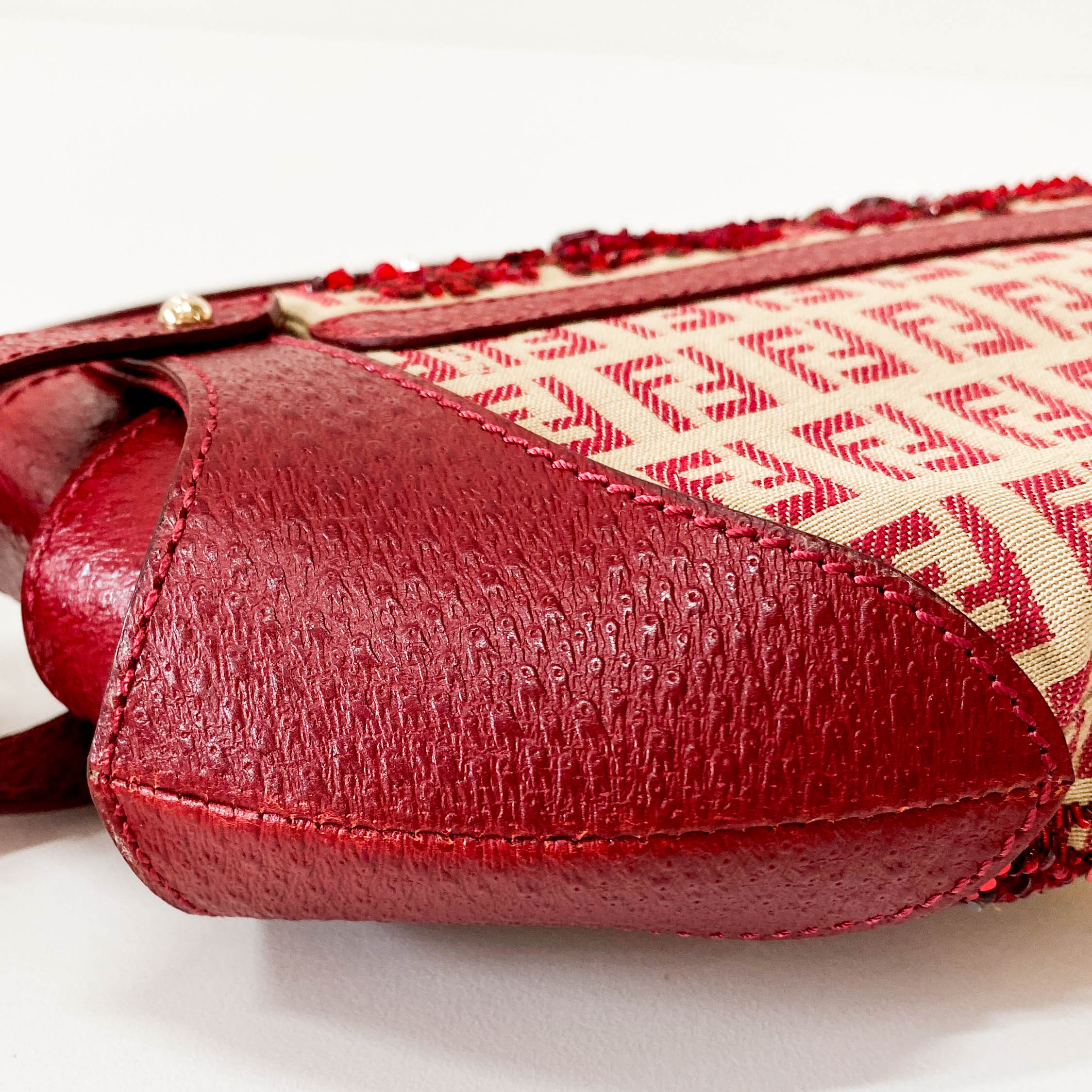 Zucca Red Leather & Canvas Embroidered Beaded Bag