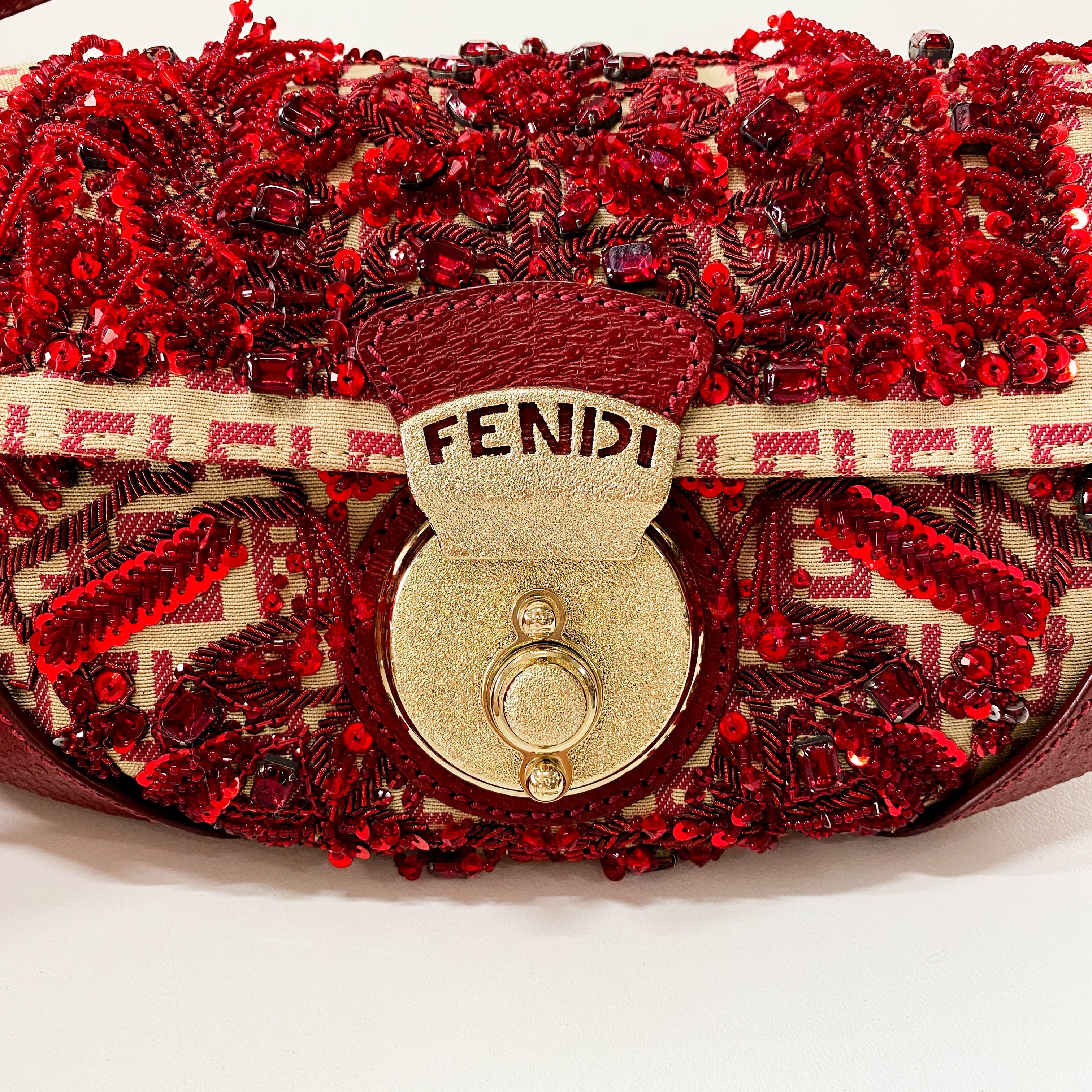 Zucca Red Leather & Canvas Embroidered Beaded Bag