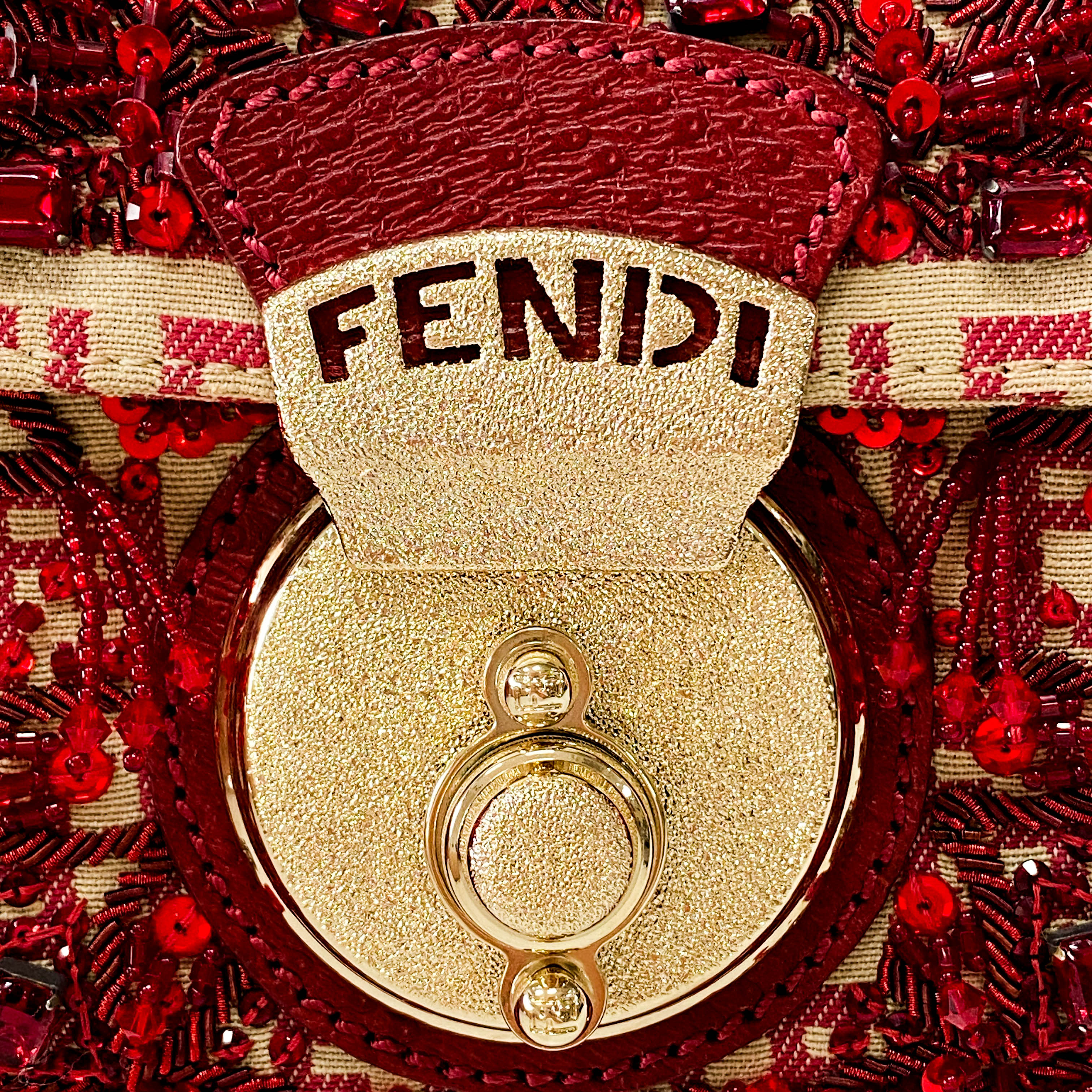 Zucca Red Leather & Canvas Embroidered Beaded Bag