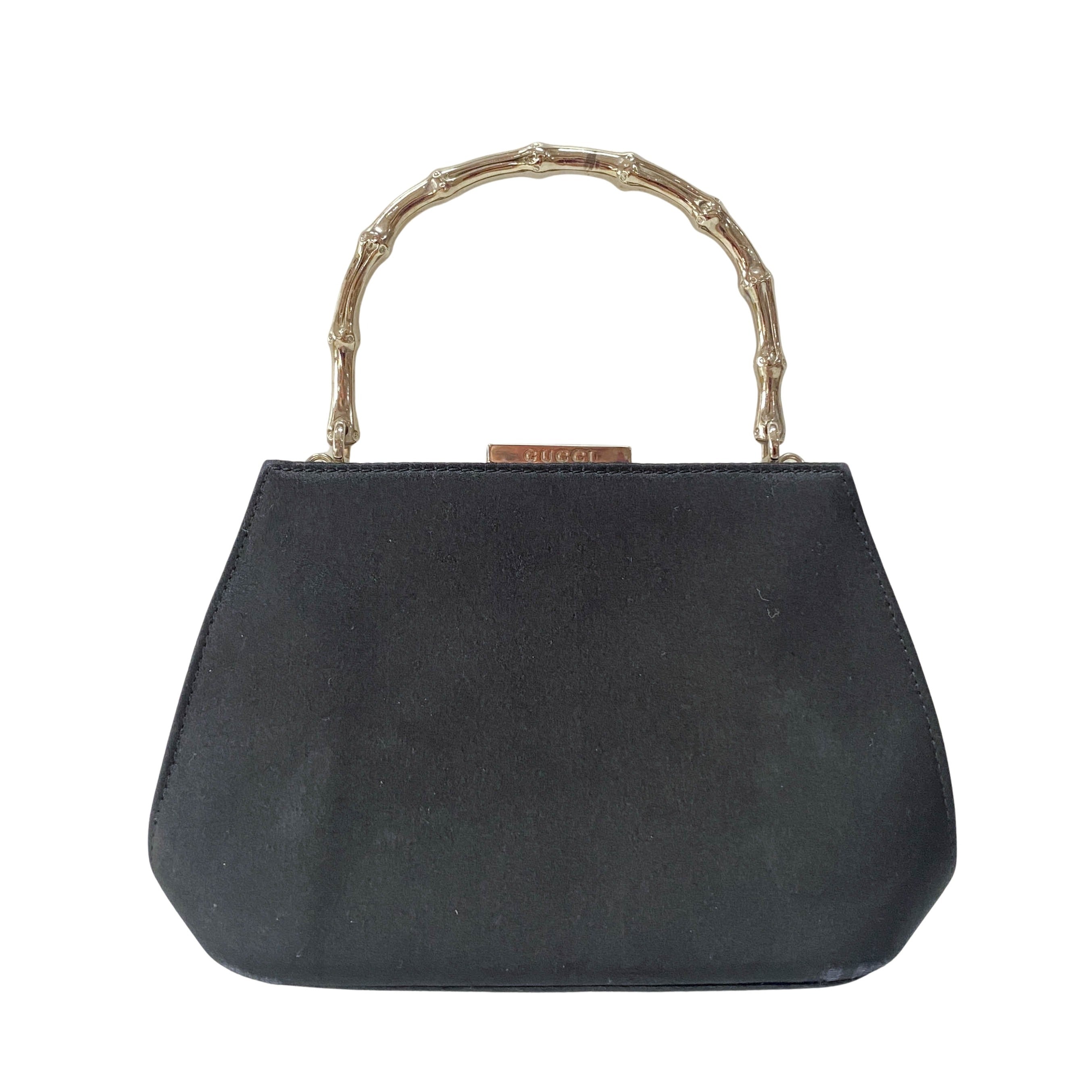 Bamboo Metal Handle Black Satin Bag
