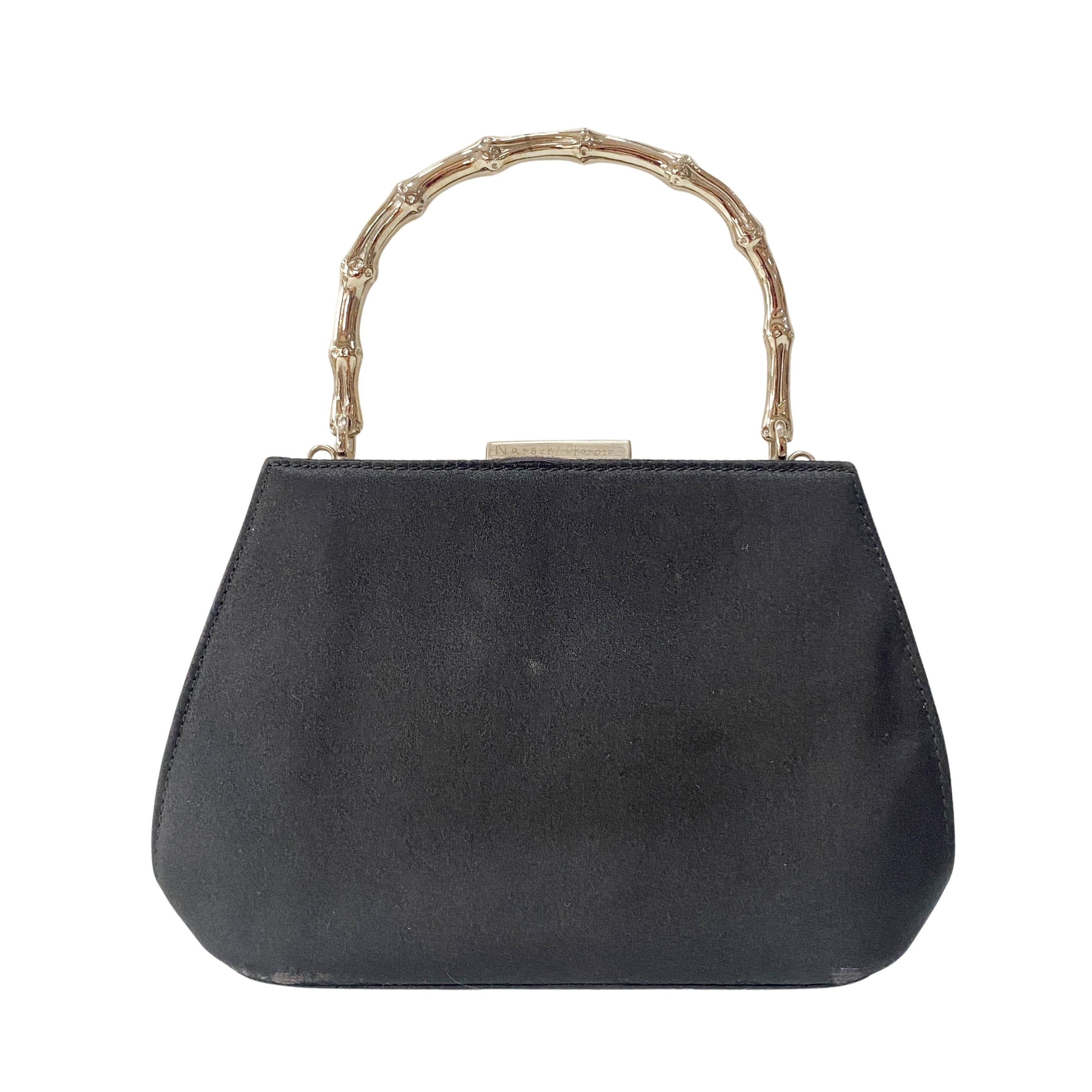 Bamboo Metal Handle Black Satin Bag
