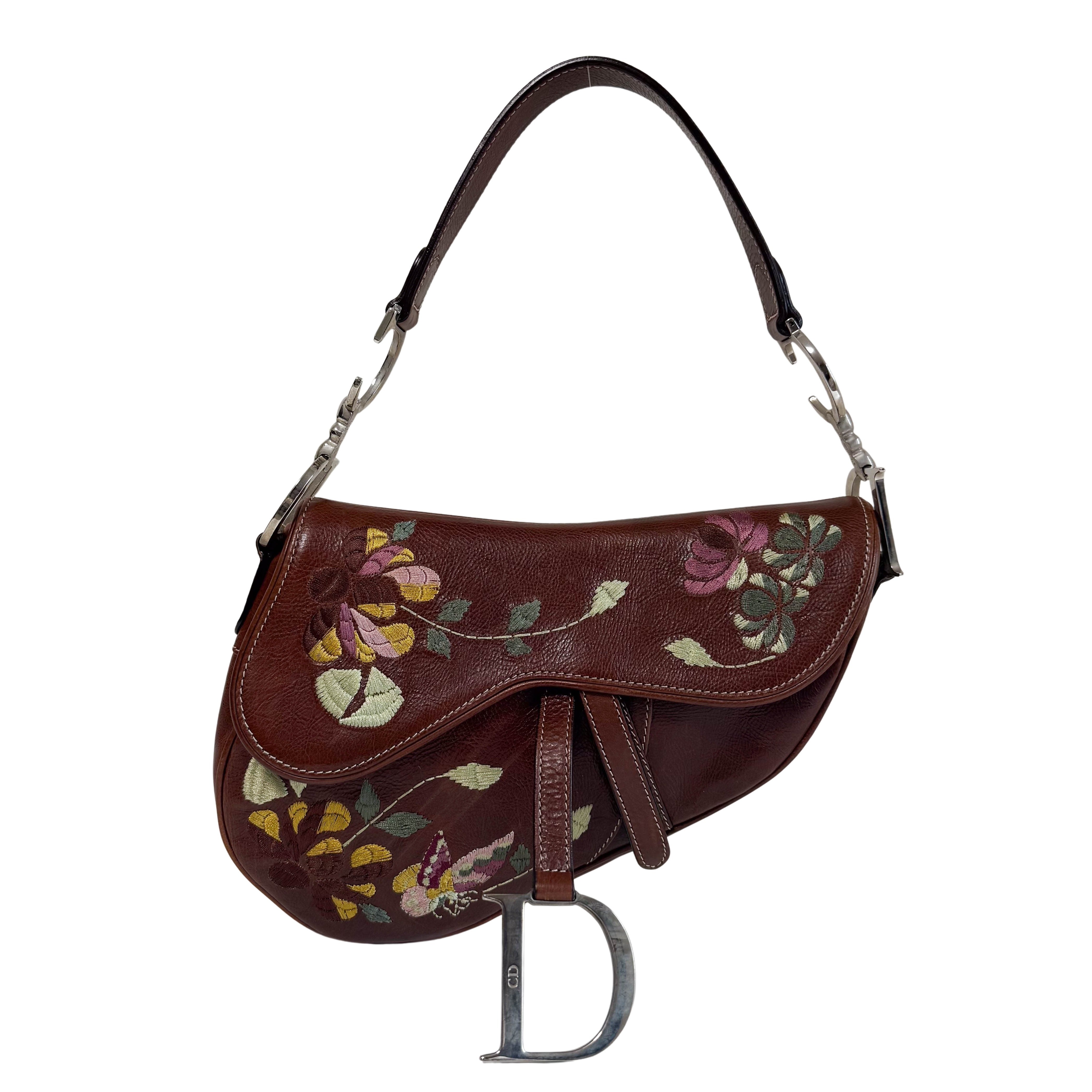 Limited Edition Saddle Brown Leather Flower Embroidered Shoulder Bag