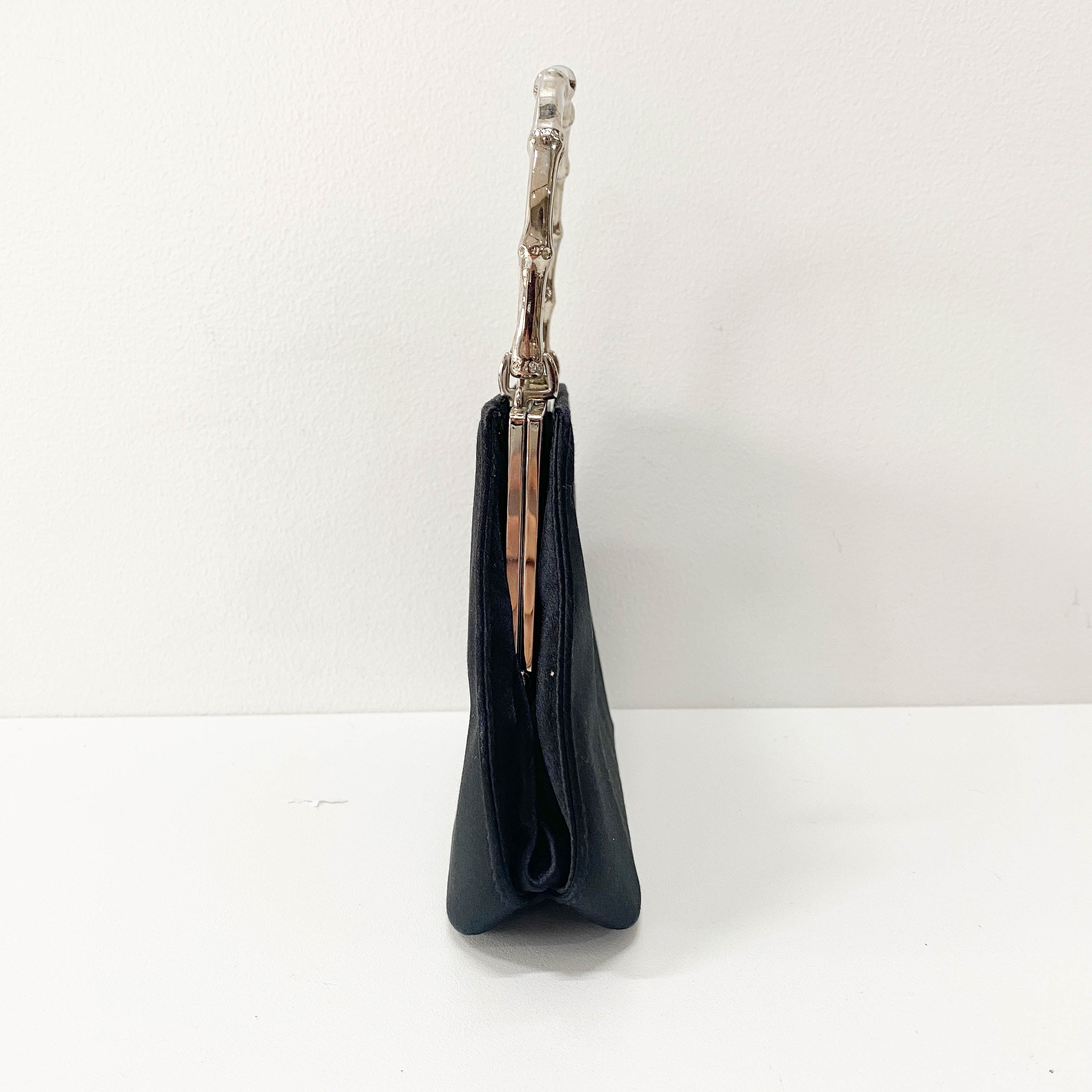 Bamboo Metal Handle Black Satin Bag