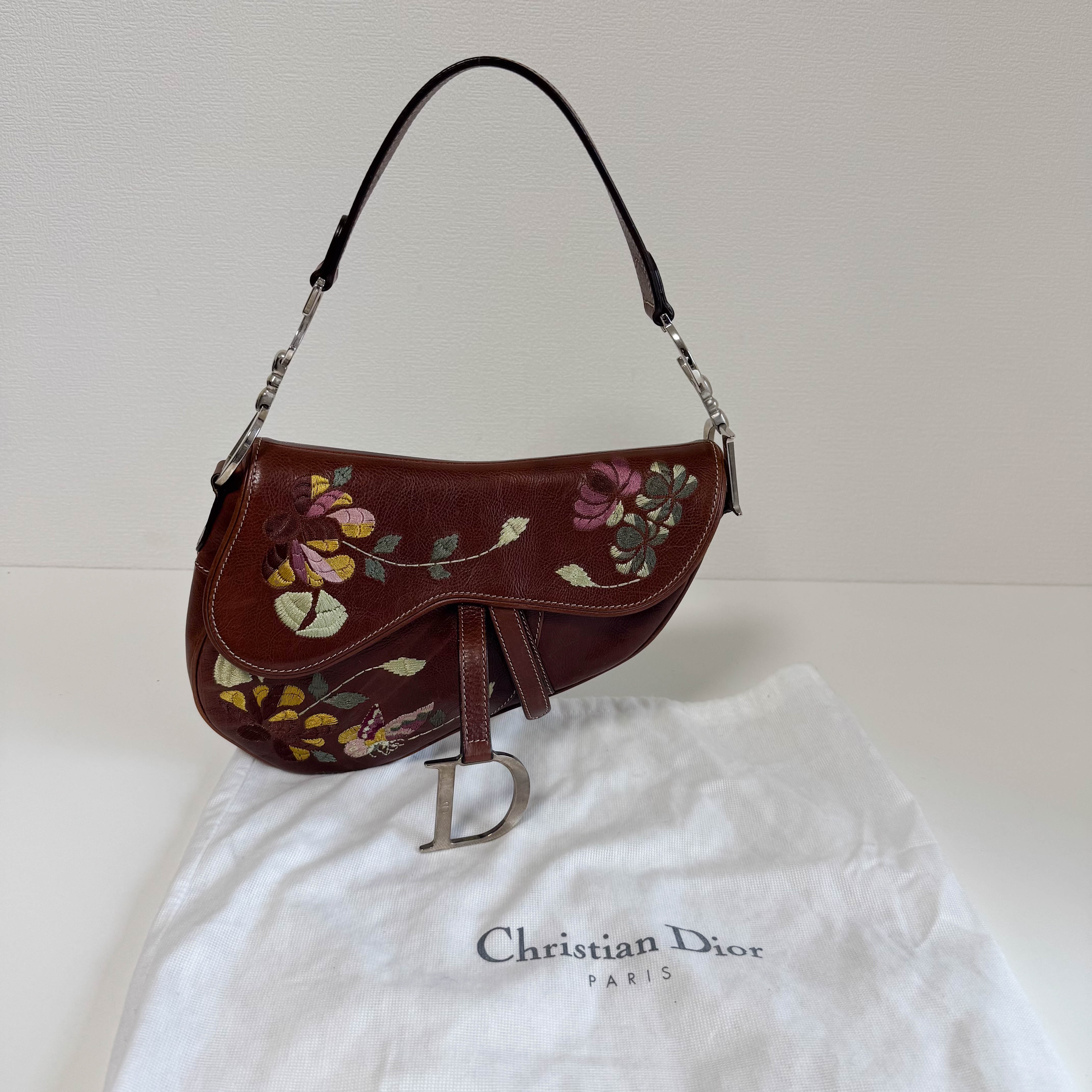 Limited Edition Saddle Brown Leather Flower Embroidered Shoulder Bag