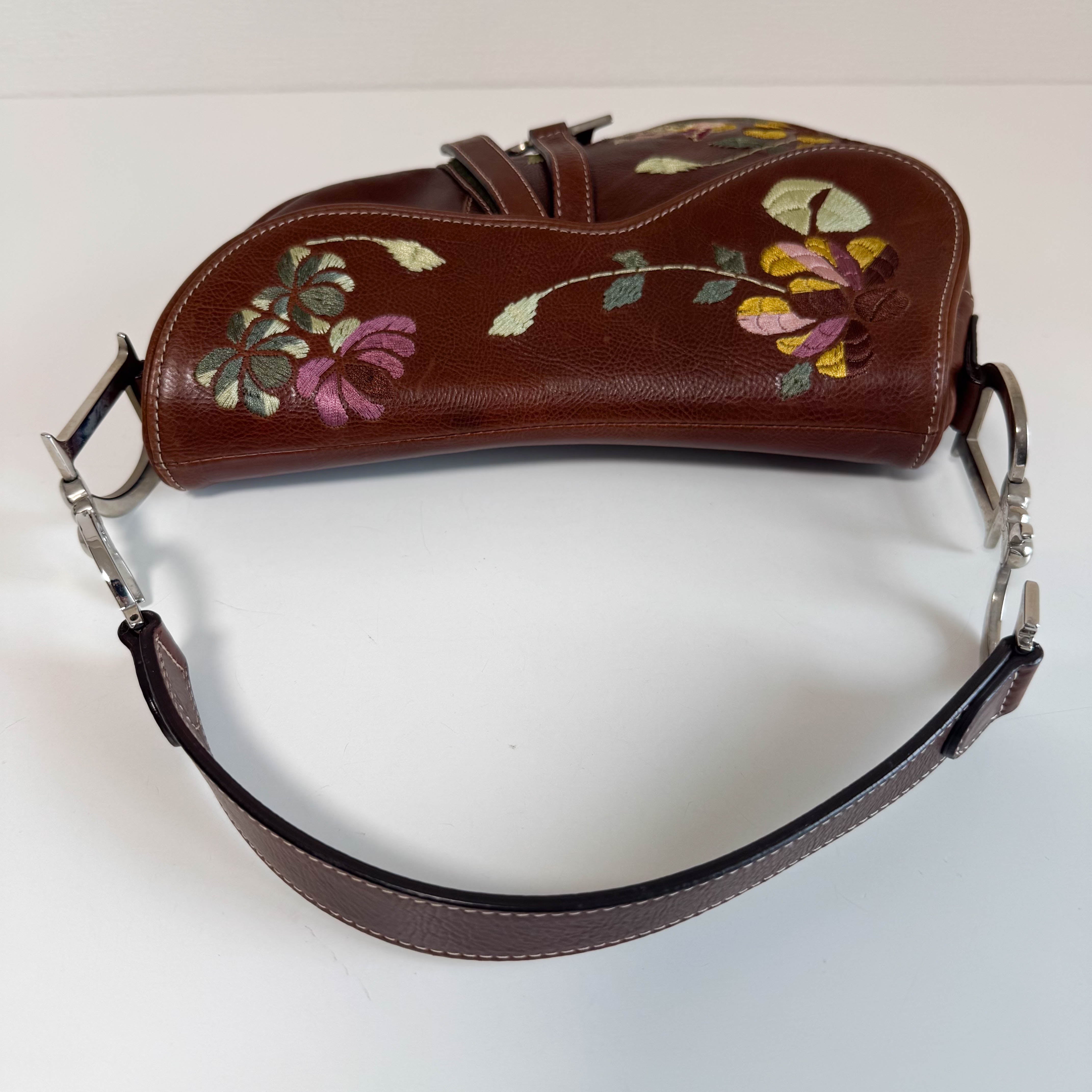 Limited Edition Saddle Brown Leather Flower Embroidered Shoulder Bag