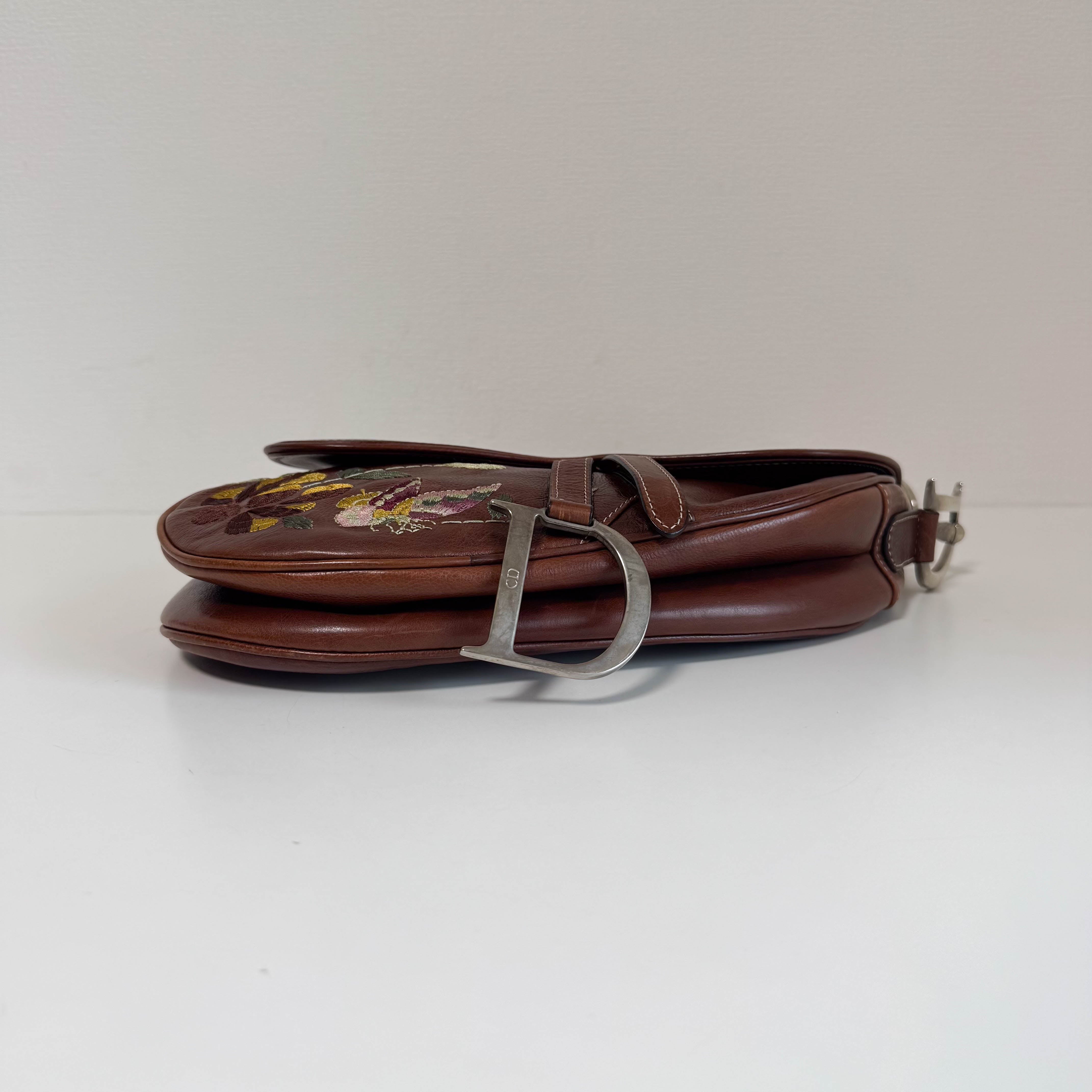 Limited Edition Saddle Brown Leather Flower Embroidered Shoulder Bag