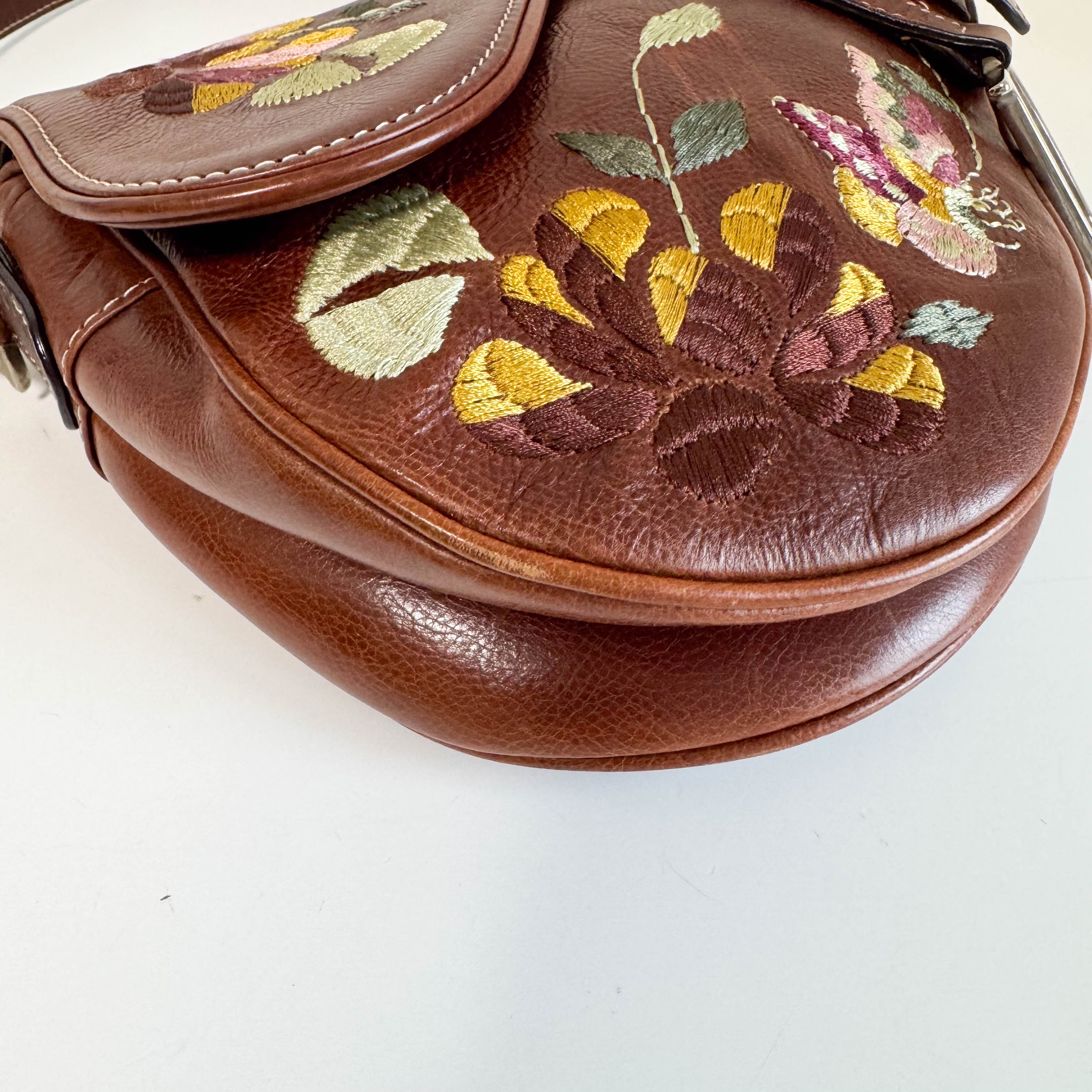 Limited Edition Saddle Brown Leather Flower Embroidered Shoulder Bag