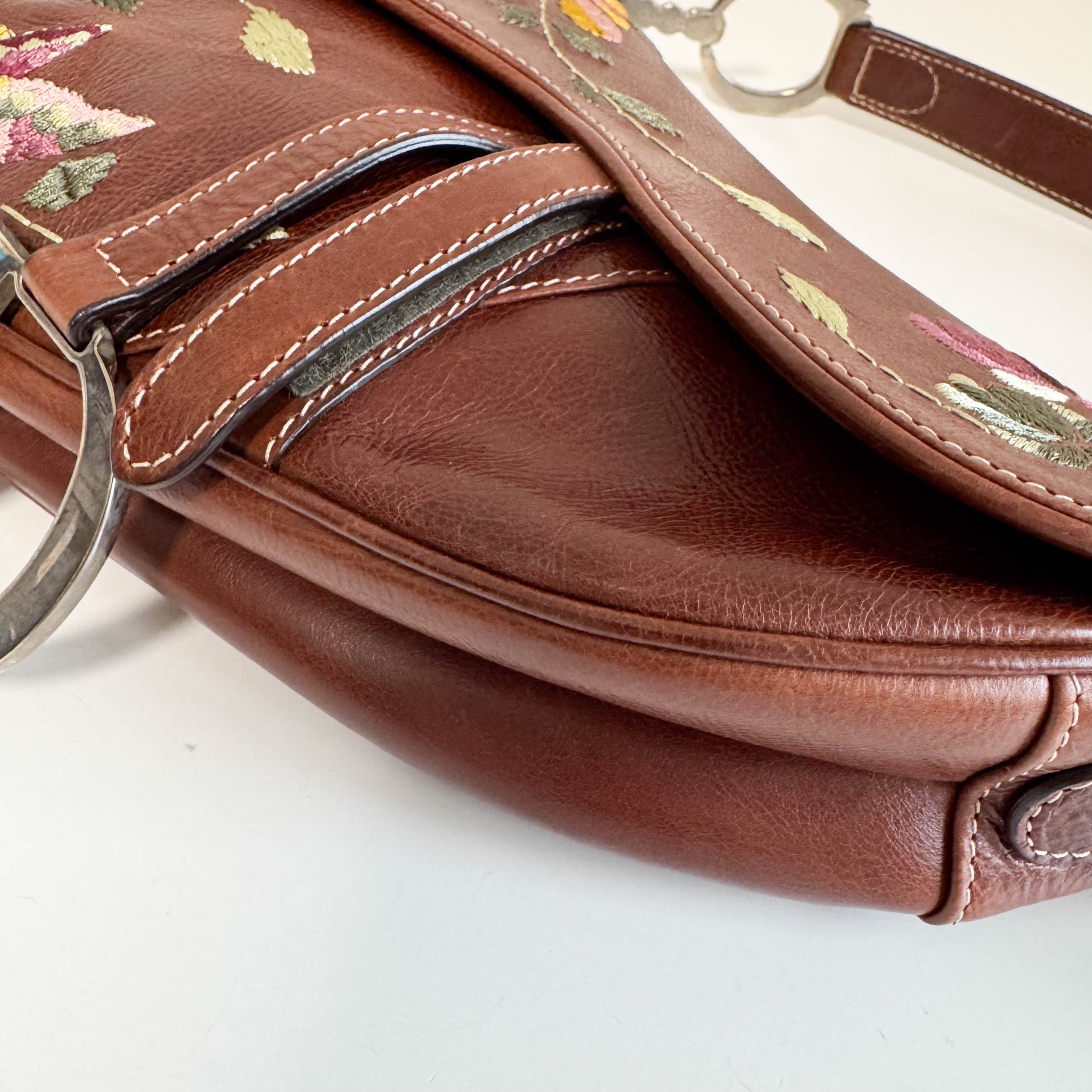Limited Edition Saddle Brown Leather Flower Embroidered Shoulder Bag