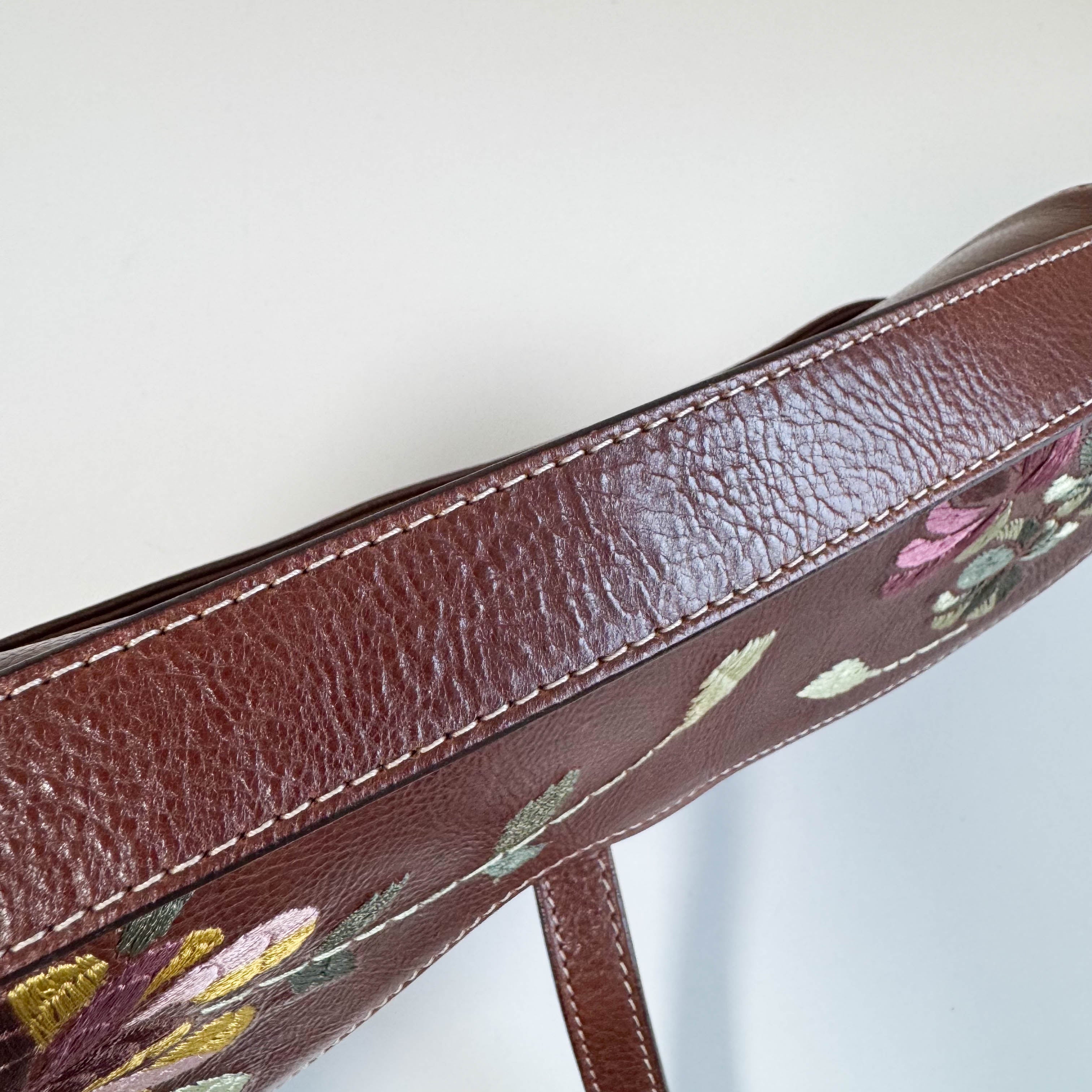 Limited Edition Saddle Brown Leather Flower Embroidered Shoulder Bag