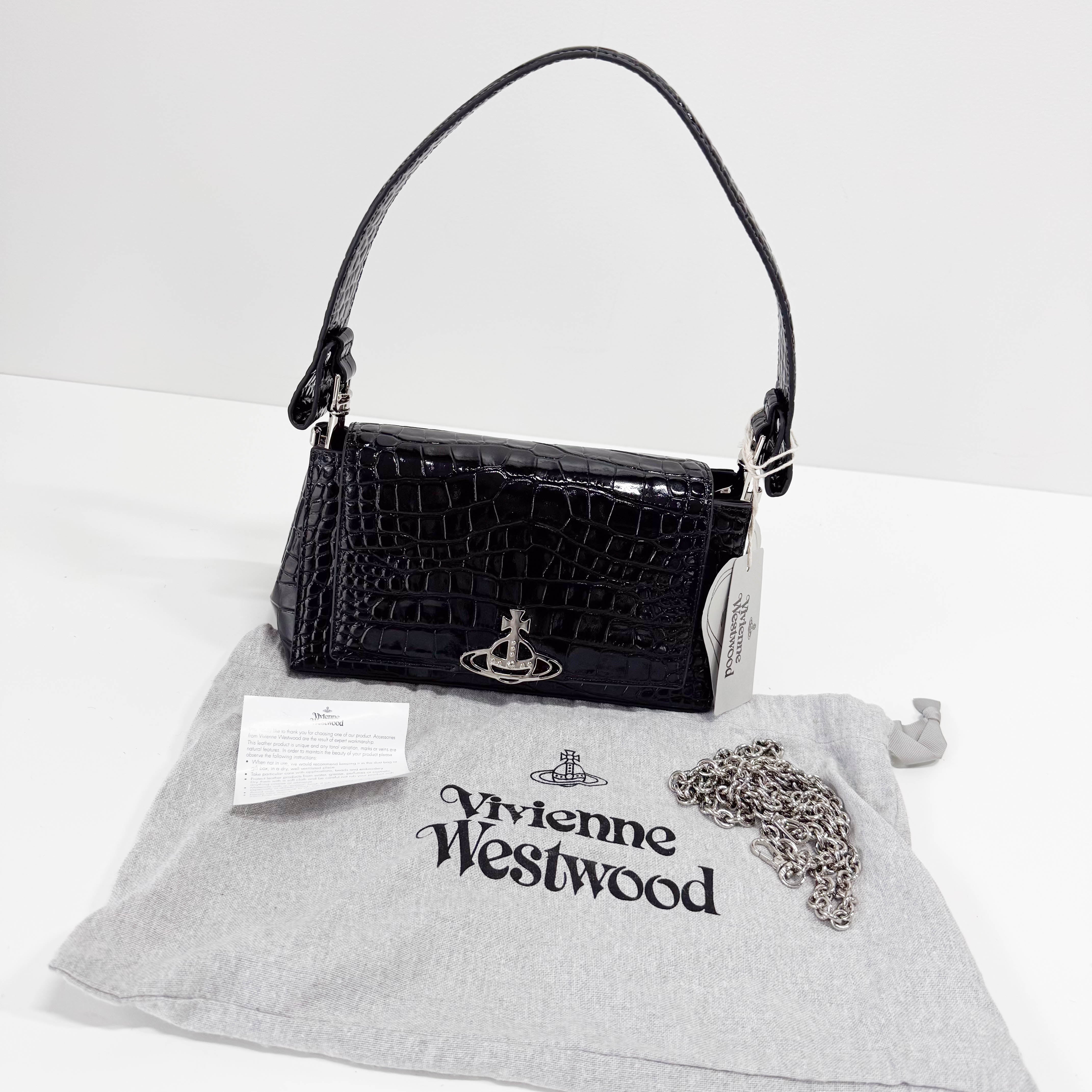 Black Croc Embossed Leather Shoulder Bag