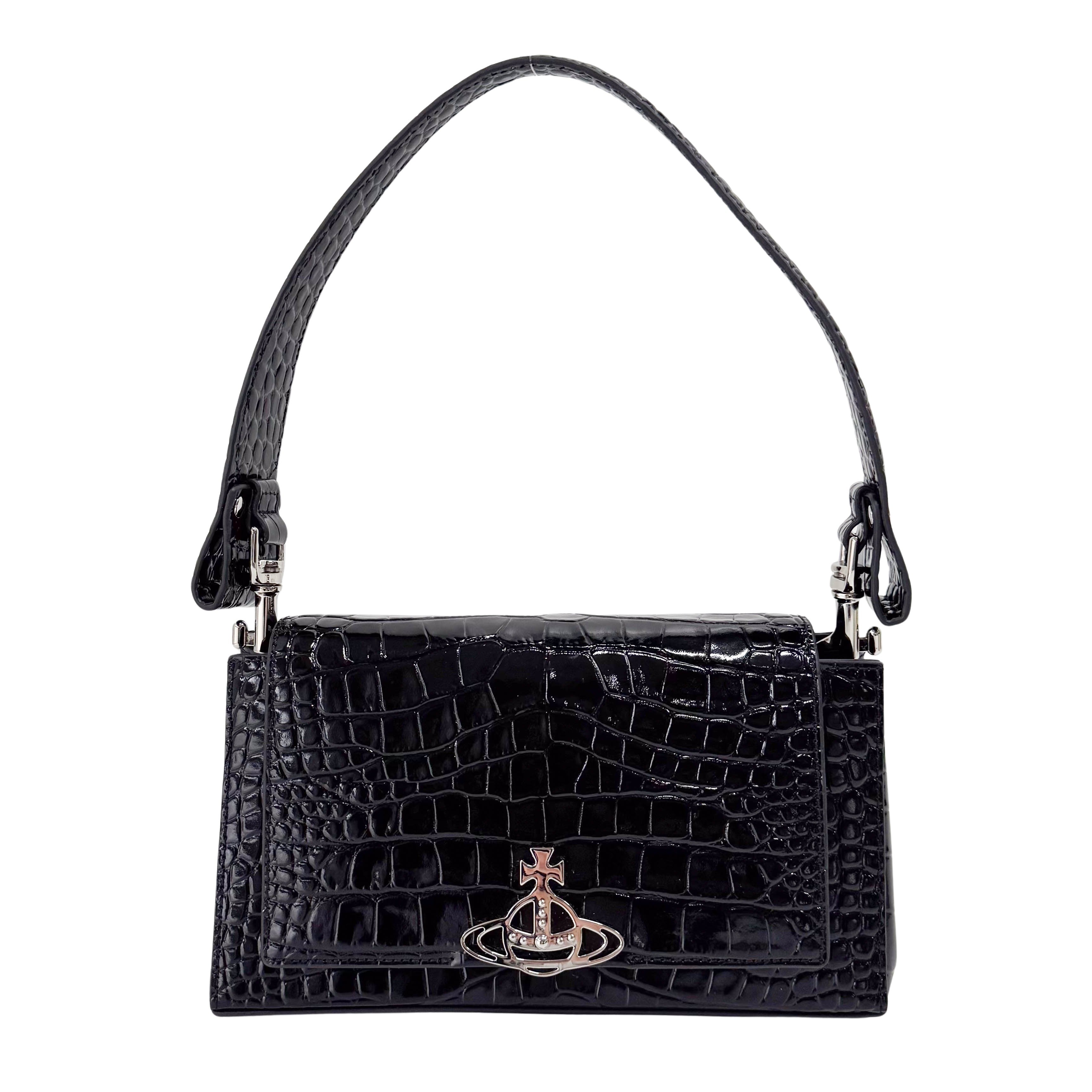 Black Croc Embossed Leather Shoulder Bag